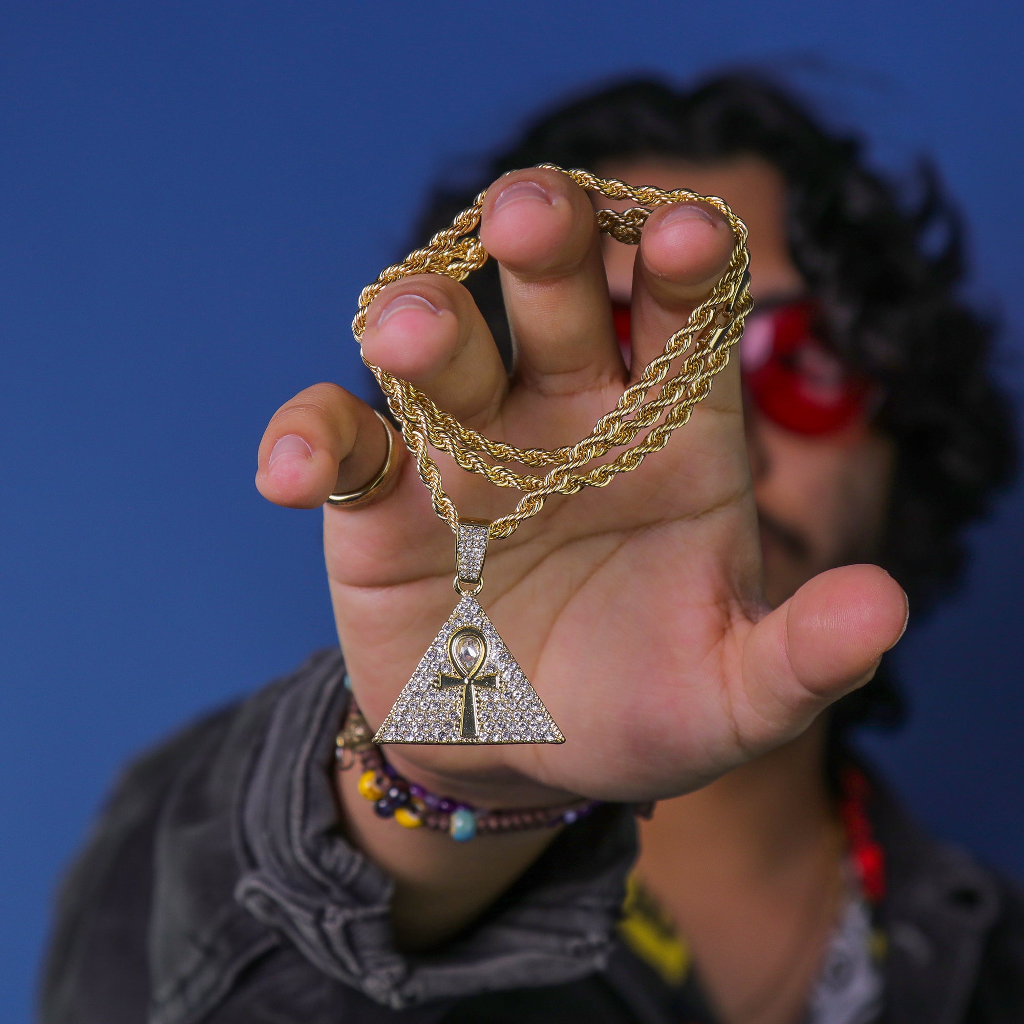 Ankh Pyramid Pendant 24" Rope Chain Hip Hop 18k Jewelry Necklace