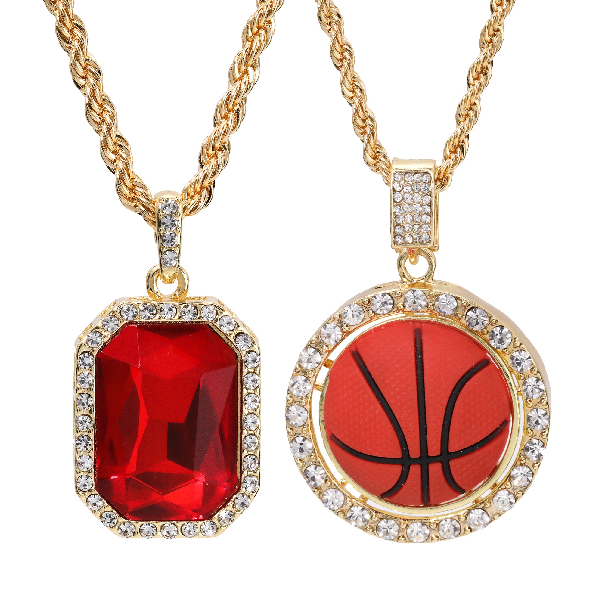 Gold Plated Red Stone & Basketball Spinner Pendant Cubic-Zirconia Rope Chain