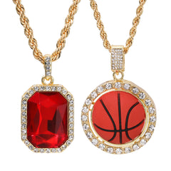 Gold Plated Red Stone & Basketball Spinner Pendant Cubic-Zirconia Rope Chain