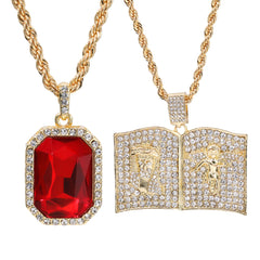 Gold Plated Red Stone & Holy Bible Jesus Pendant Cubic-Zirconia Rope Chain