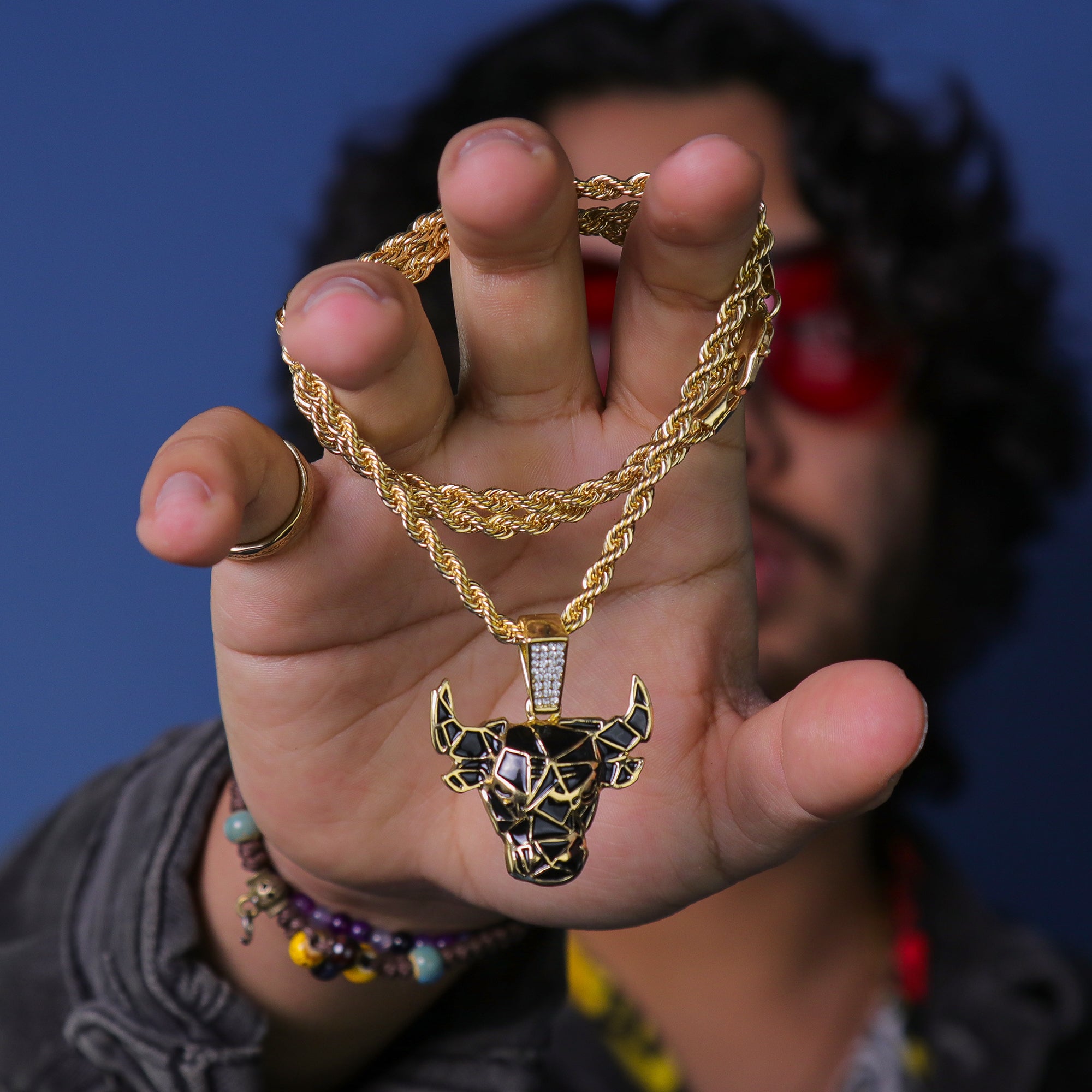 Black & Gold Bull Pendant 24" Rope Chain Hip Hop 18k Jewelry