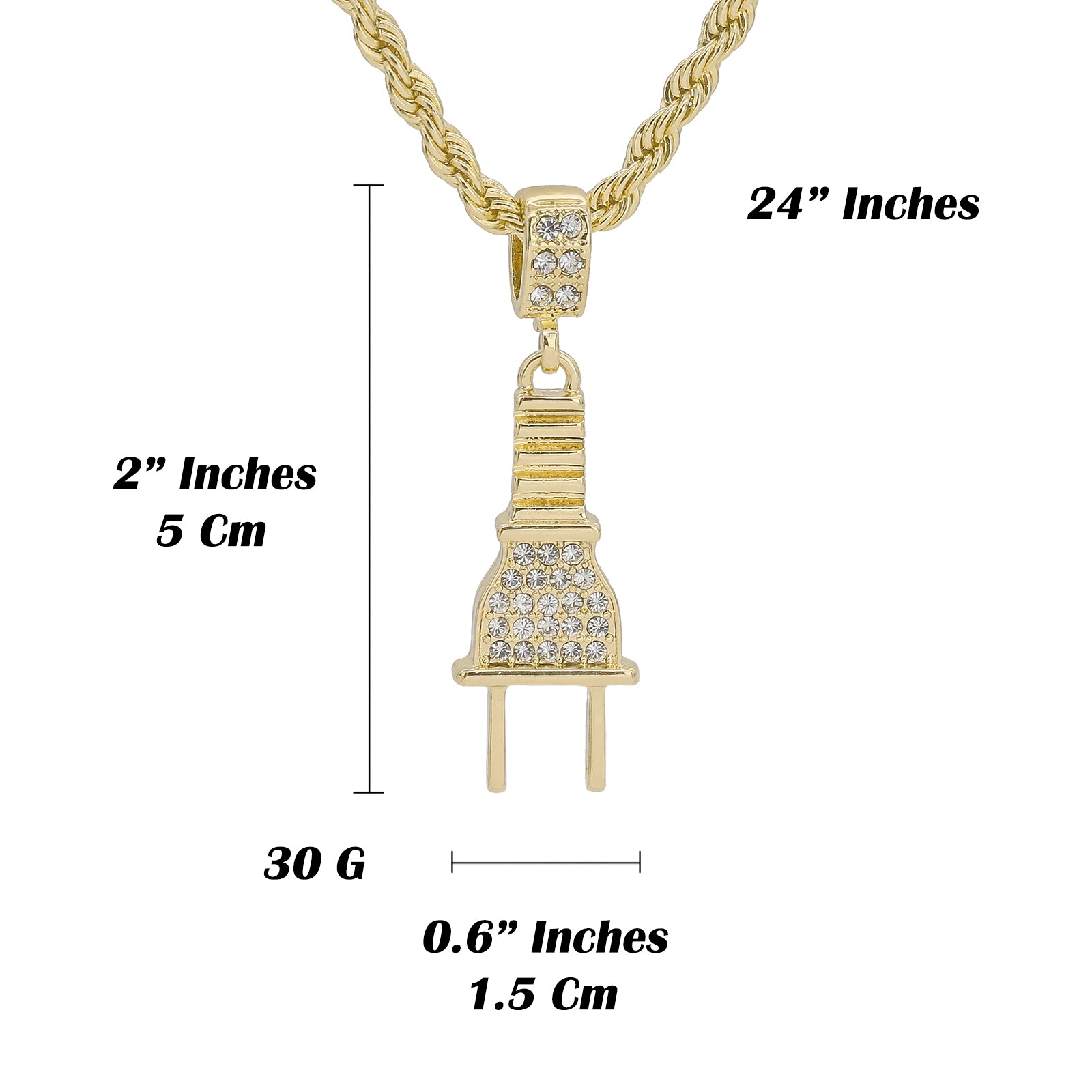 Cz Thin Plug Pendant 24" Rope Chain Men's Hip Hop Style 18k Jewelry Necklace