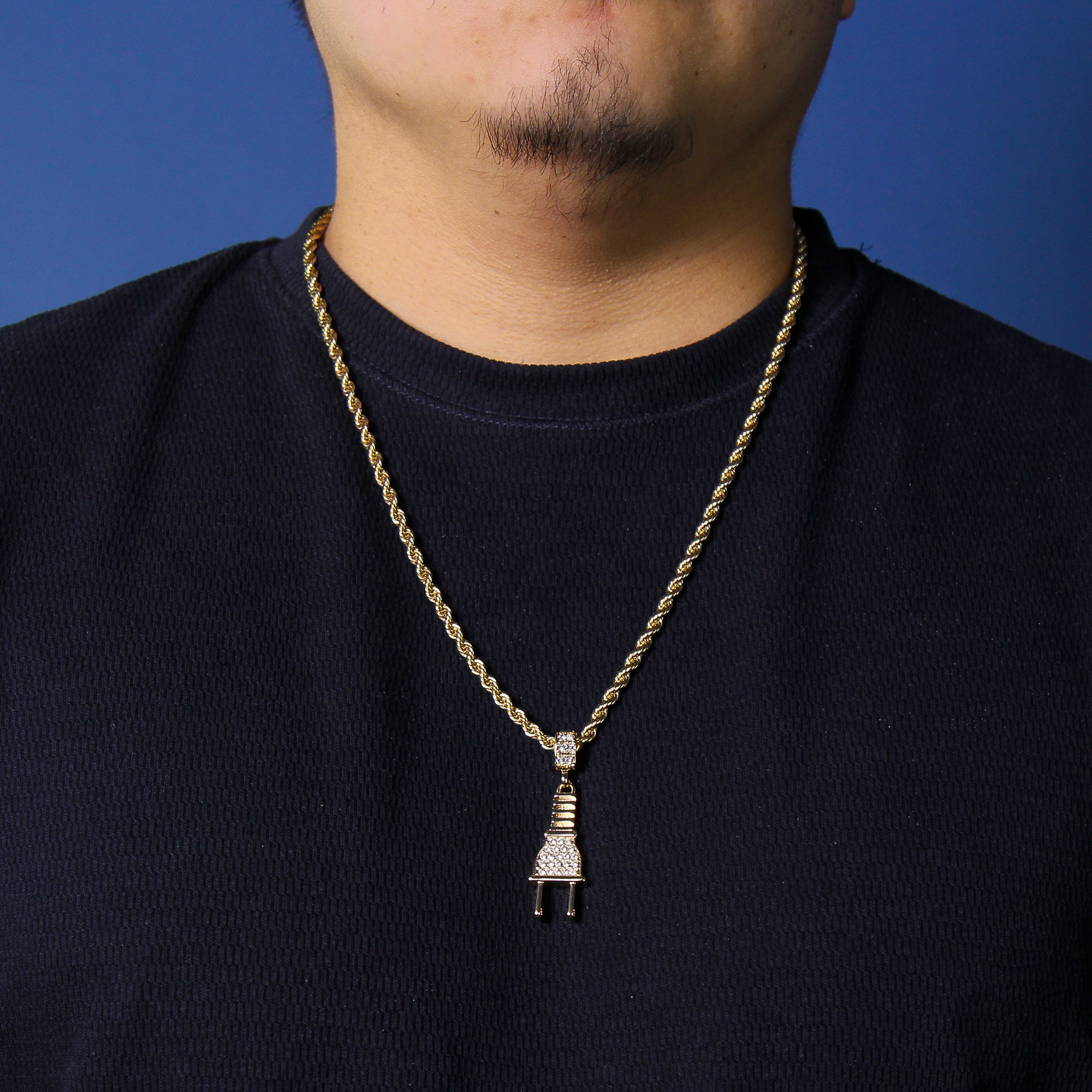 Cz Thin Plug Pendant 24" Rope Chain Men's Hip Hop Style 18k Jewelry Necklace