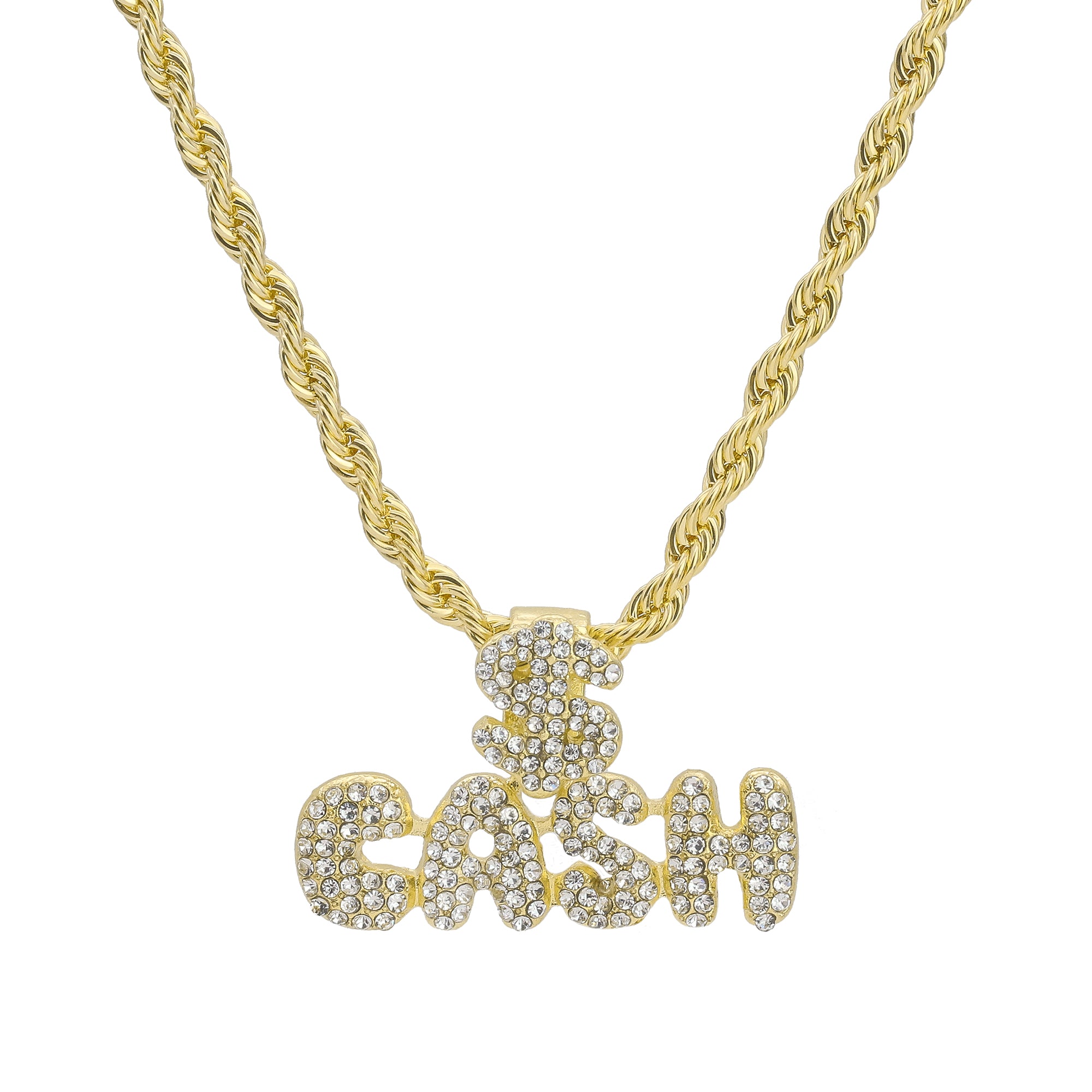 CASH Letter Pendant Rope Chain Men's Hip Hop 18k Cz Jewelry Necklace