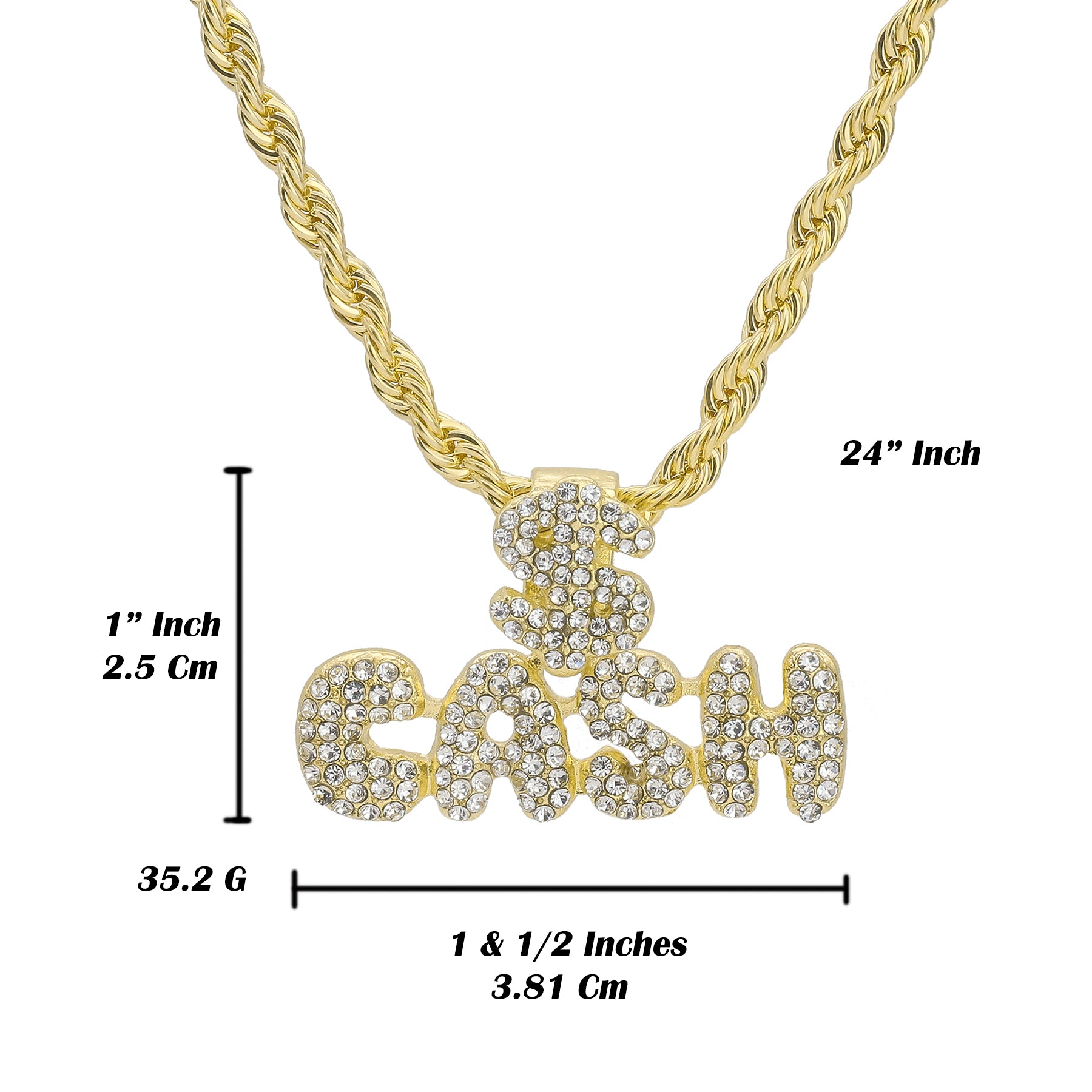 CASH Letter Pendant Rope Chain Men's Hip Hop 18k Cz Jewelry Necklace