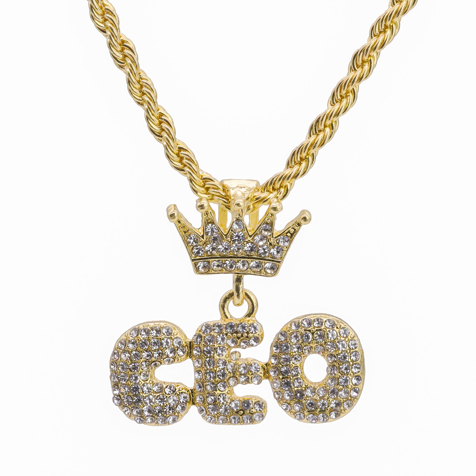 Crown Hook Ceo Pendant 24" Rope Chain Hip Hop Style 18k Gold Plated