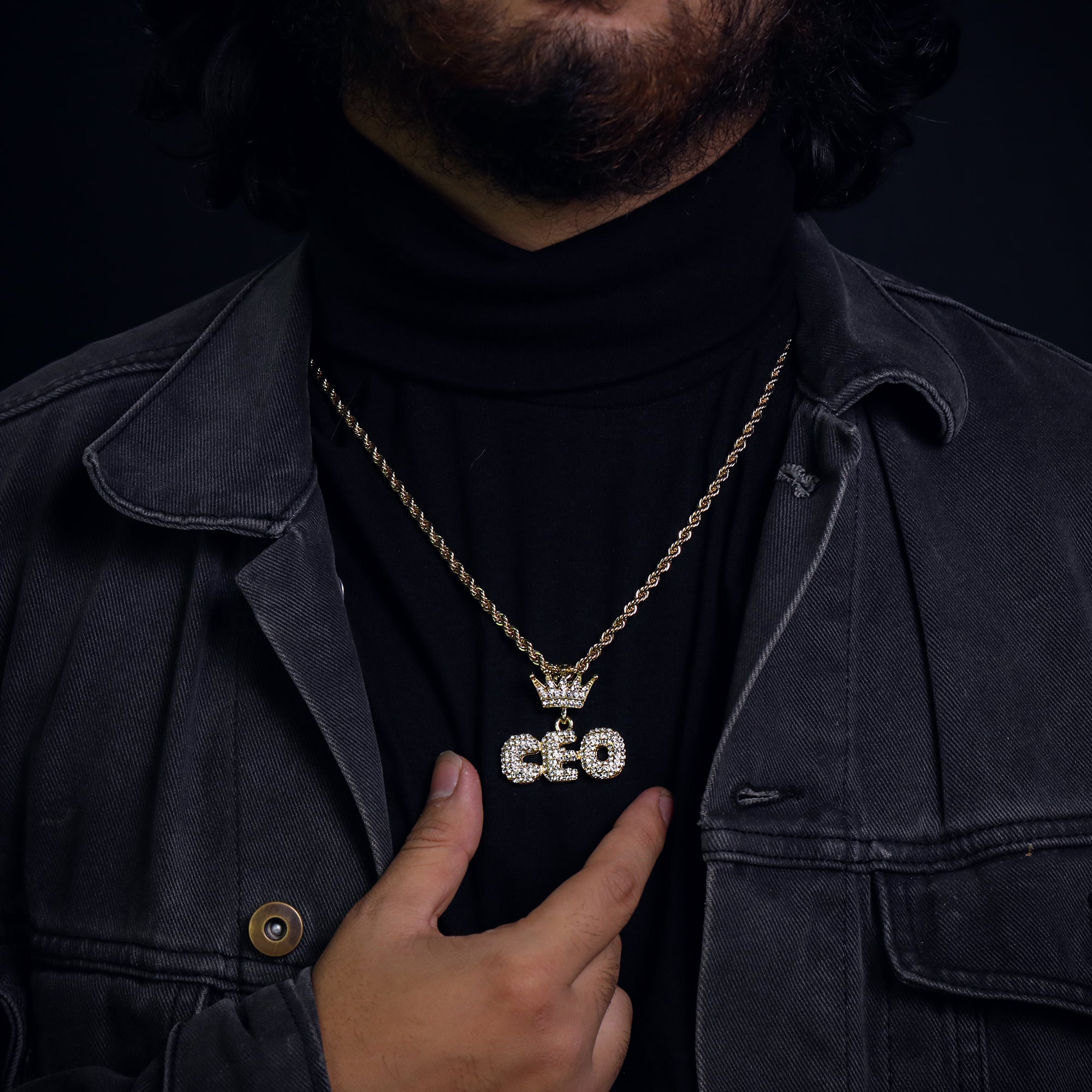Crown Hook Ceo Pendant 24" Rope Chain Hip Hop Style 18k Gold Plated