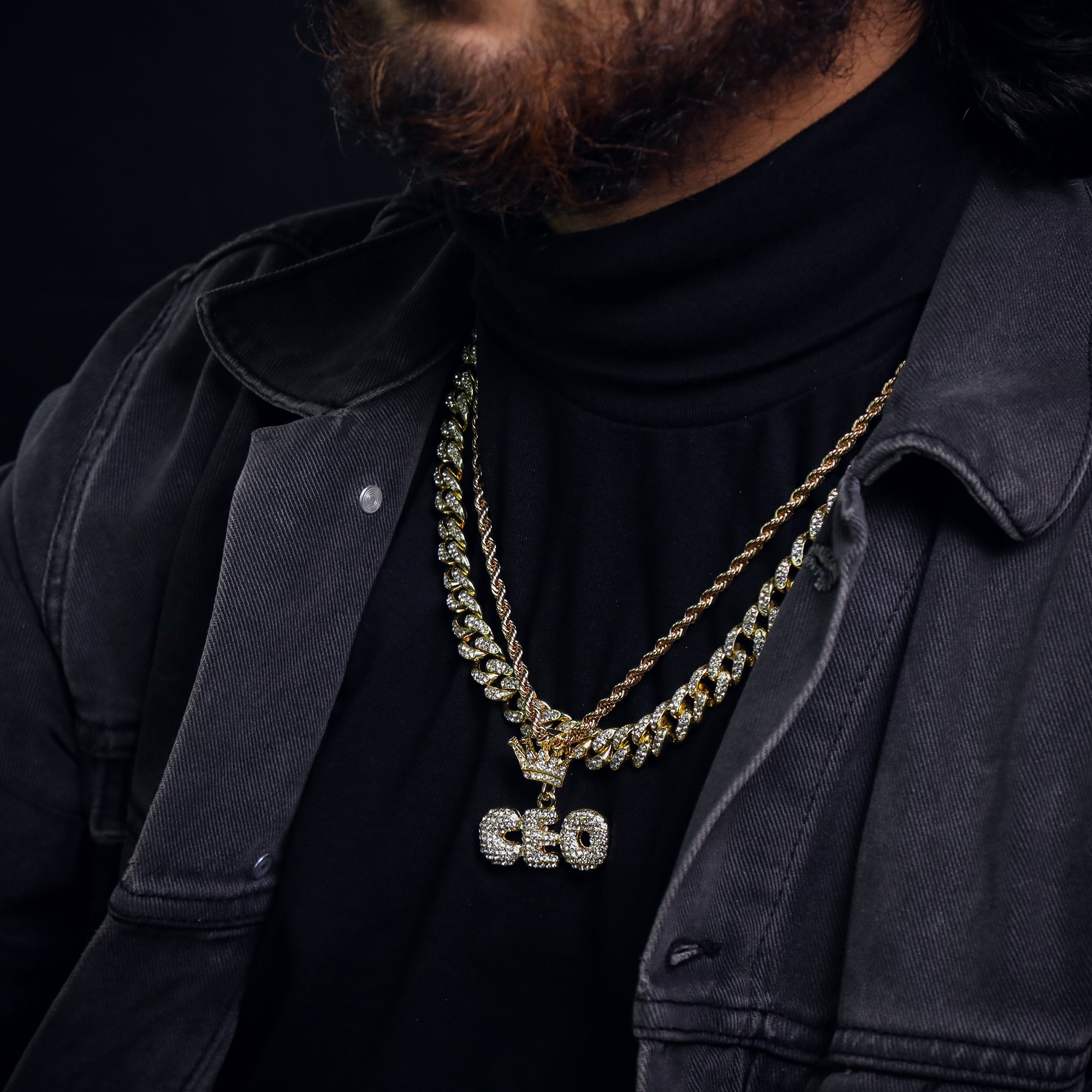 Crown Hook Ceo Pendant 24" Rope Chain Hip Hop Style 18k Gold Plated