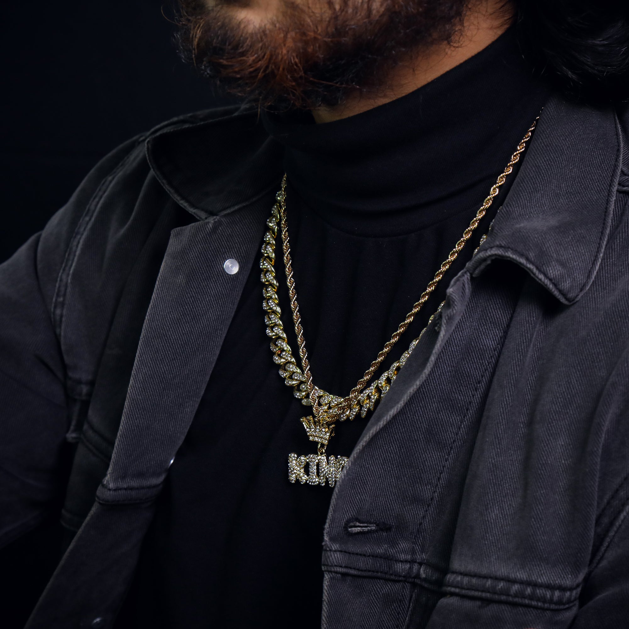 Crown Hook King Word Pendant 24" Rope Chain Hip Hop Style 18k Gold Plated