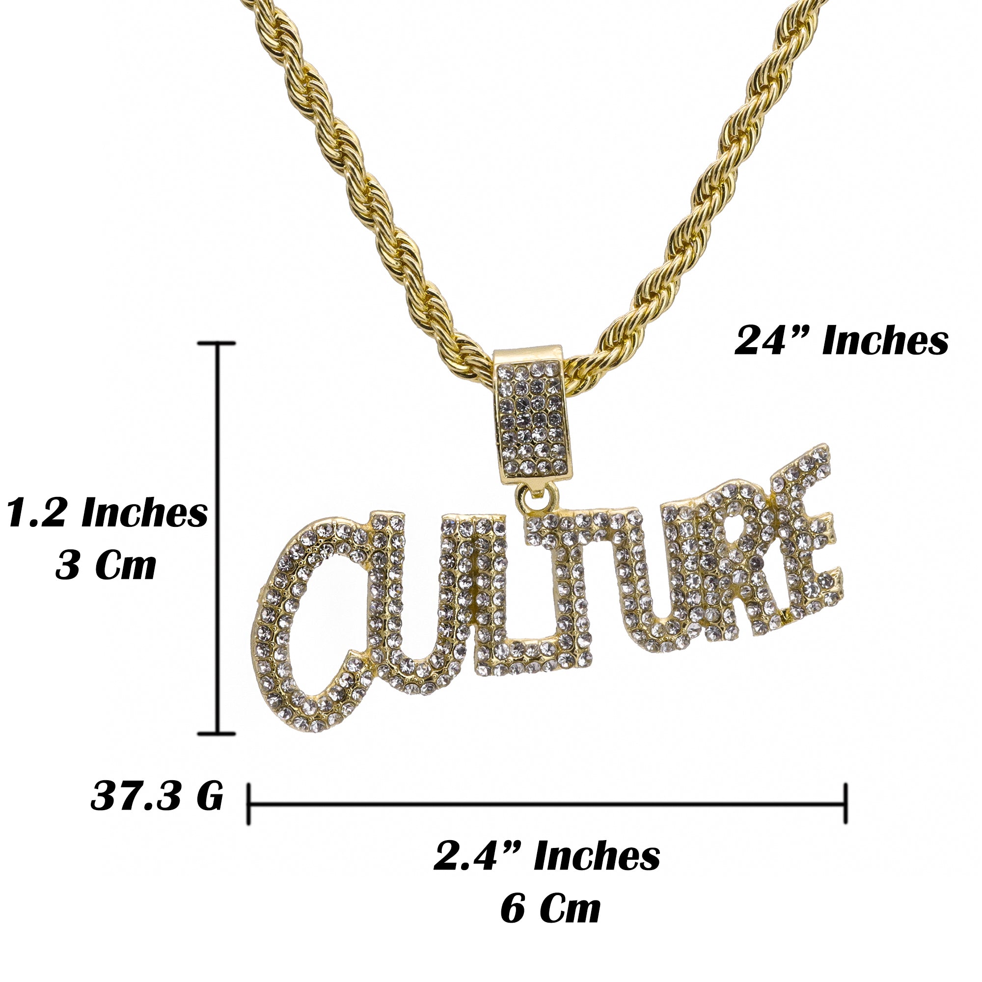 Culture Word Pendant 24" Rope Chain Hip Hop Style 18k Gold Plated