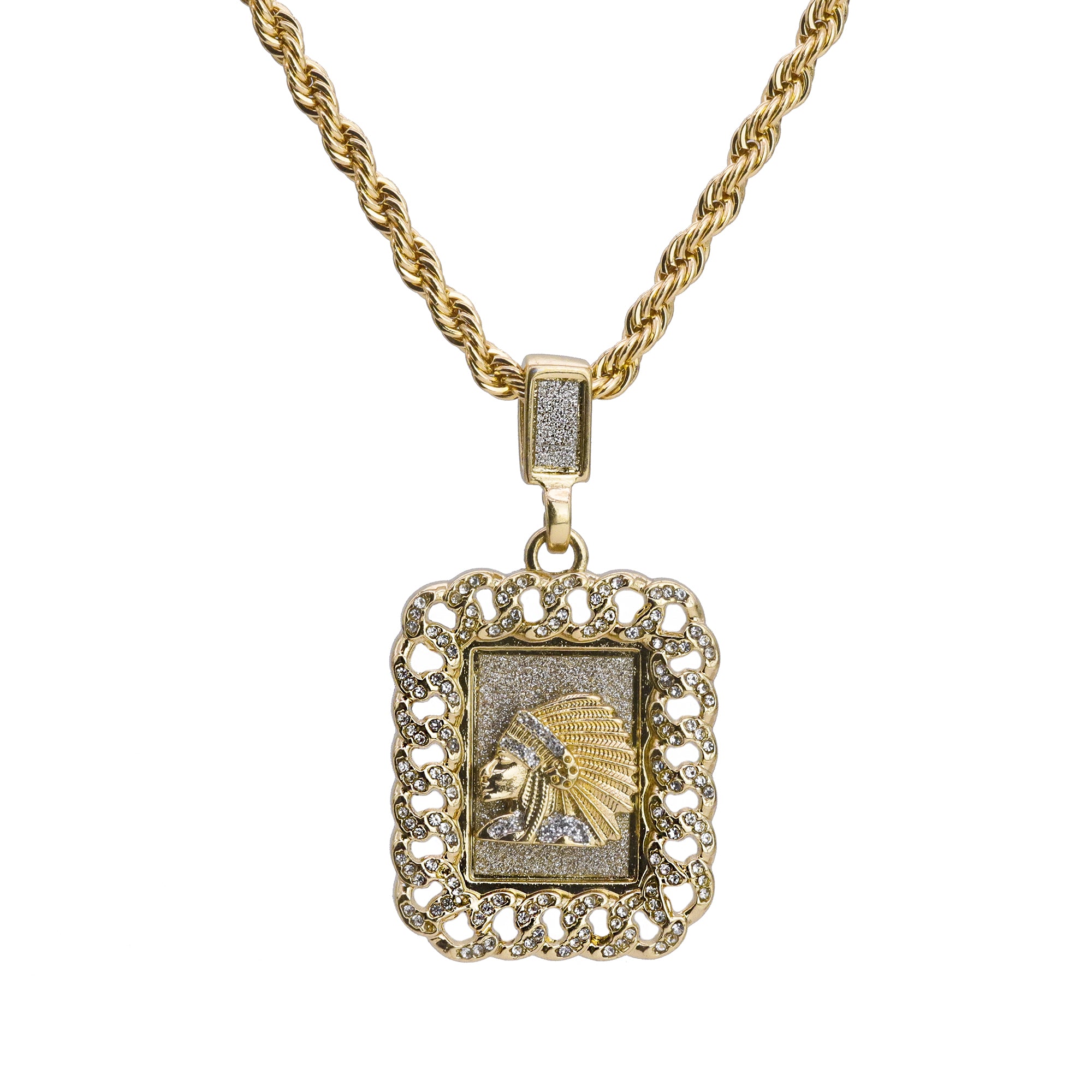Cz Chief Head Frame Pendant 24" Rope Chain Hip Hop Style 18k Gold Plated
