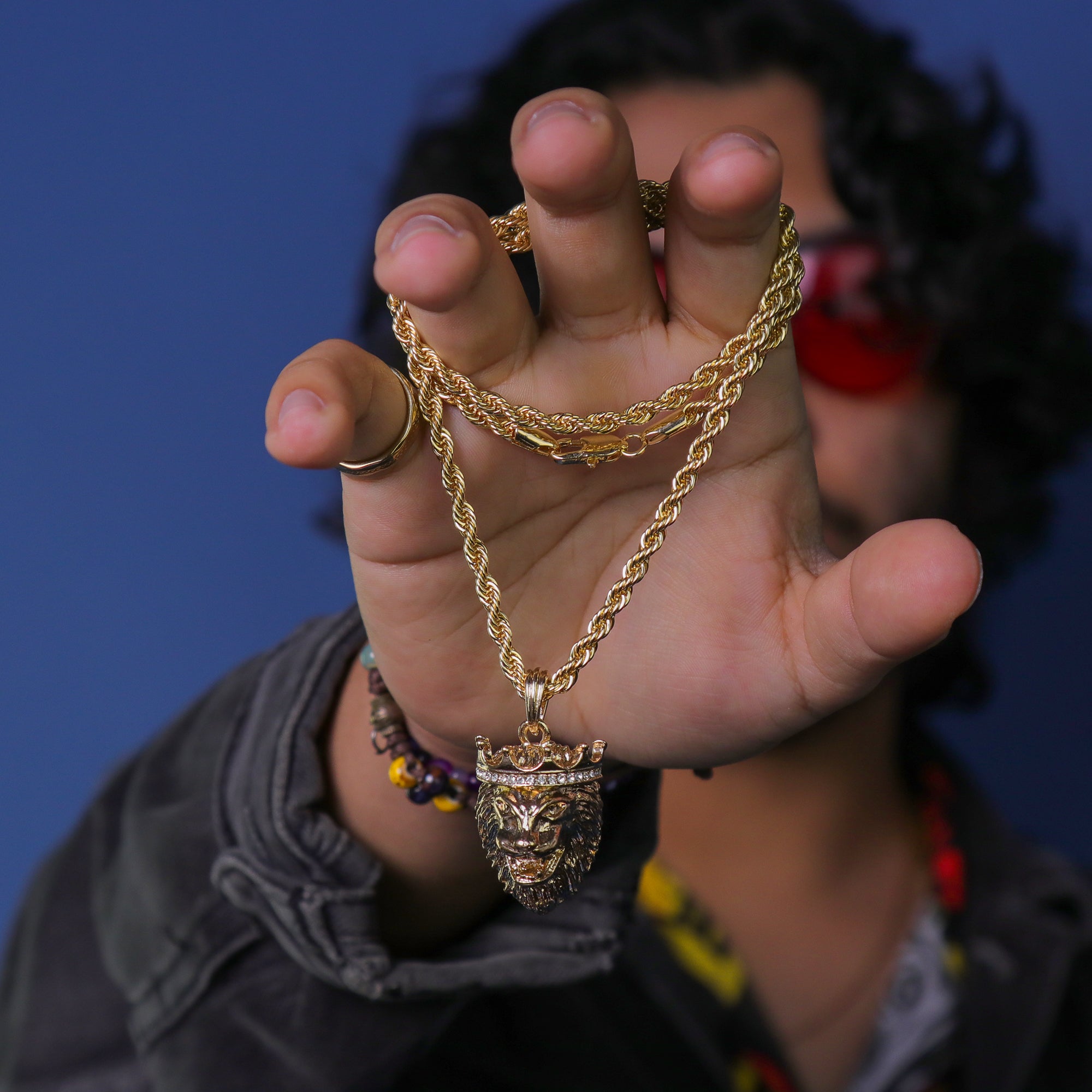 Cz Crowned Lion Face Pendant 24" Rope Chain Hip Hop 18k Jewelry