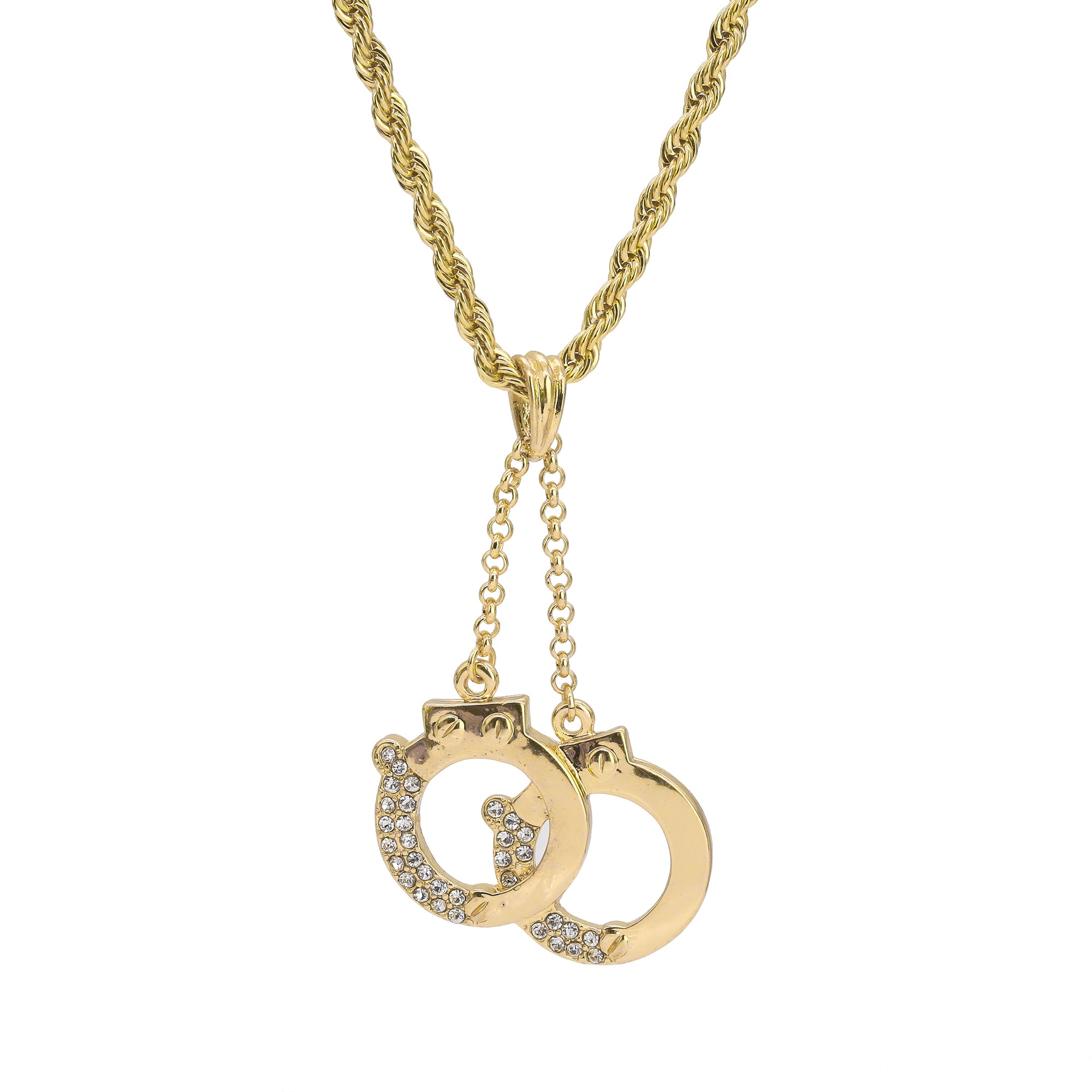 Cz Handcuffs Pendant 18K 24" Rope Chain Hip Hop Jewelry