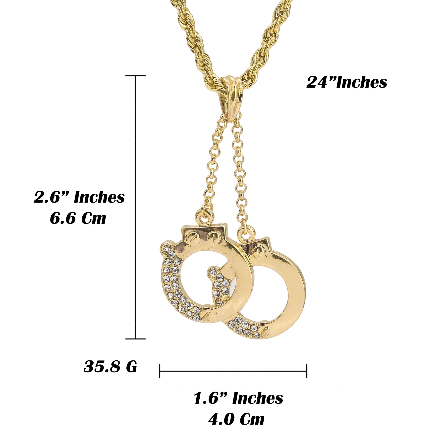 Cz Handcuffs Pendant 18K 24" Rope Chain Hip Hop Jewelry