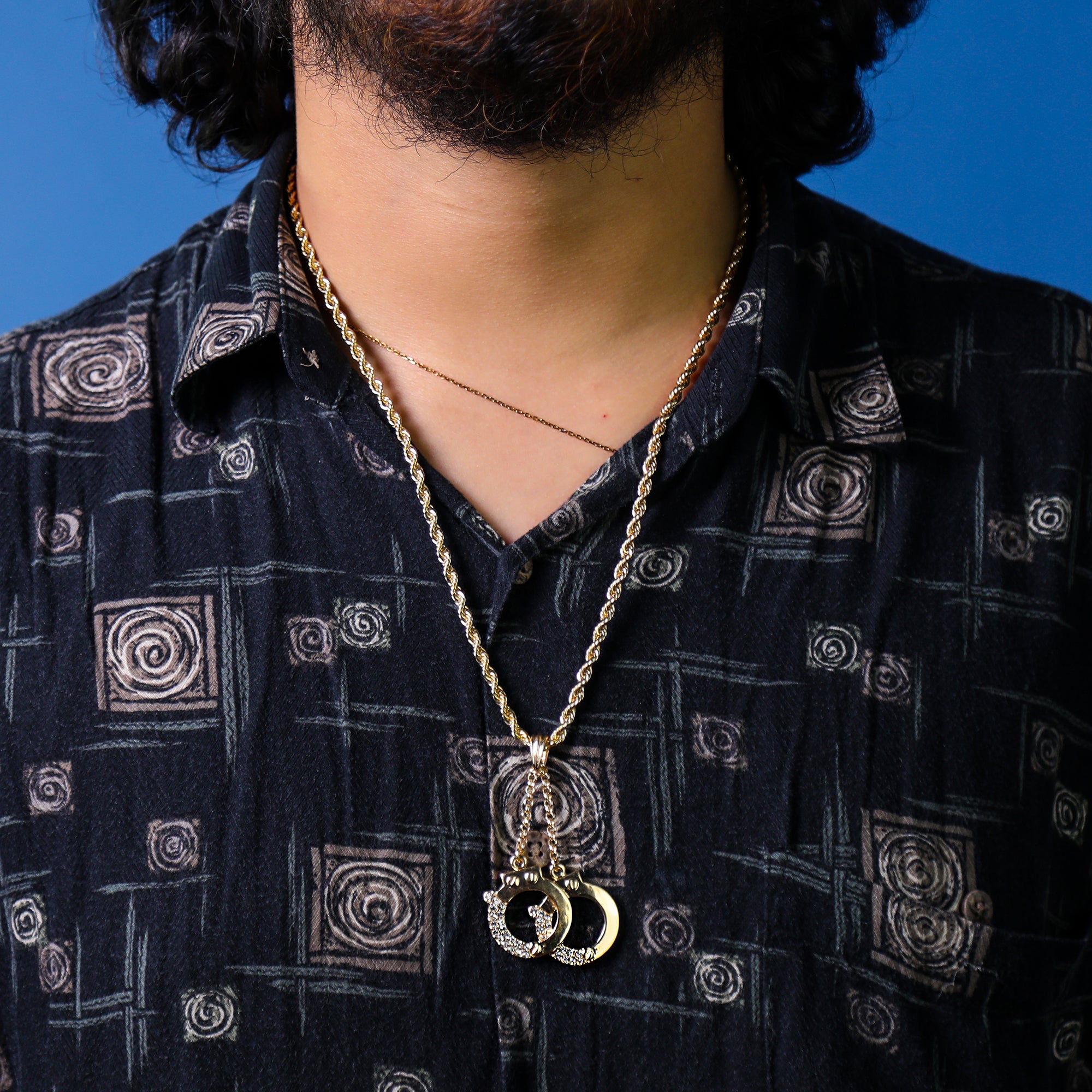 Cz Handcuffs Pendant 18K 24" Rope Chain Hip Hop Jewelry