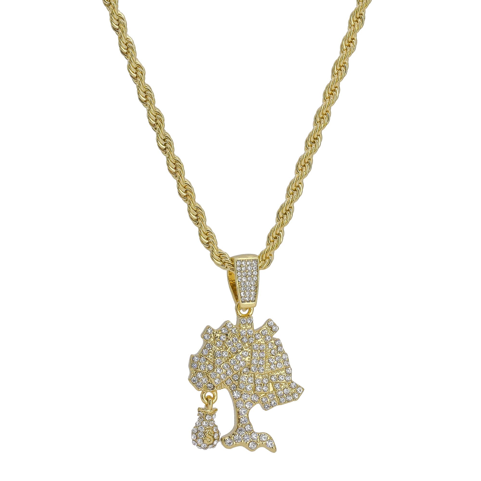 Cz Money Tree Pendant 24" Rope Chain Men's 18k Gold Plated Jewelry