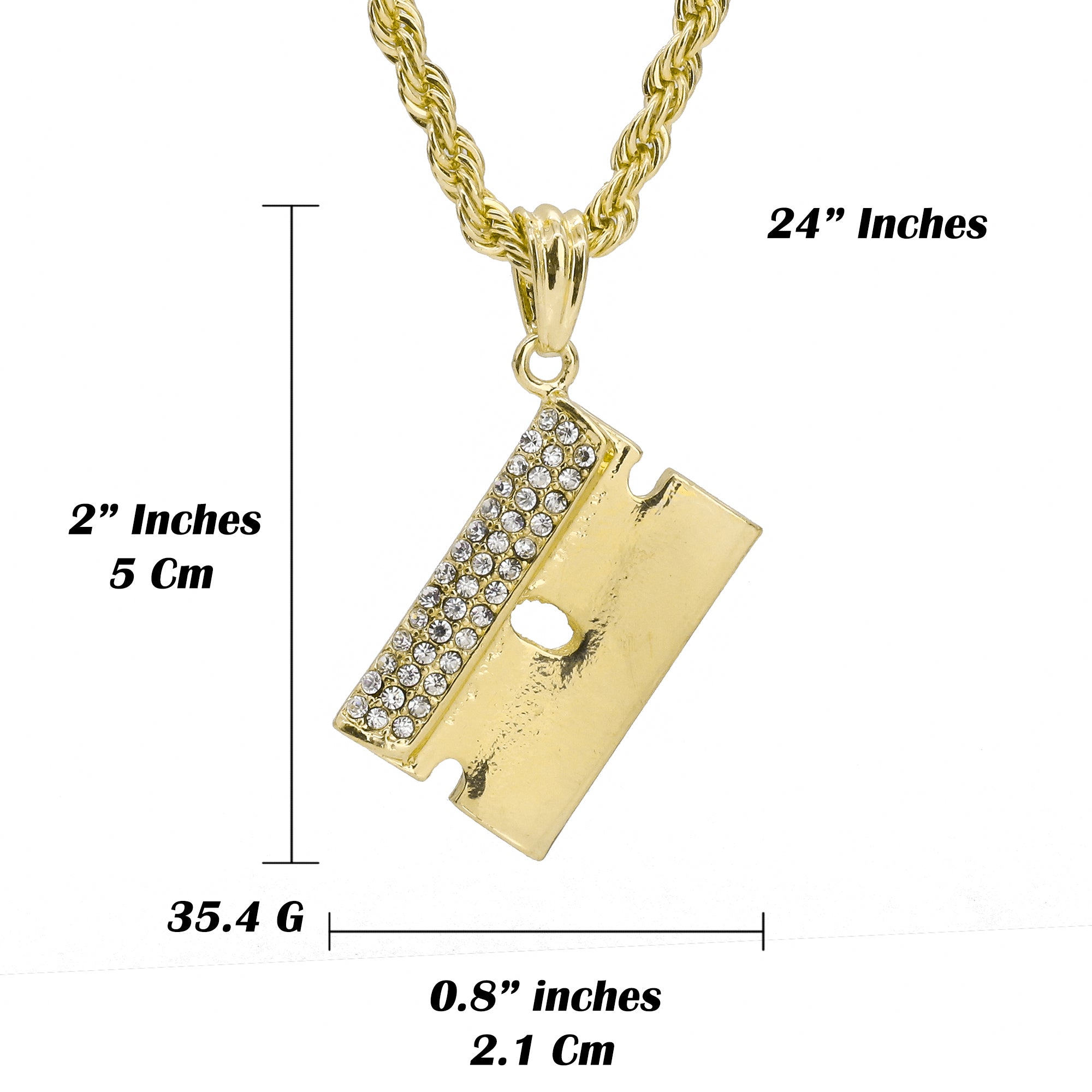 Cz Razor Pendant 24" Rope Chain Hip Hop Style 18k Gold Plated