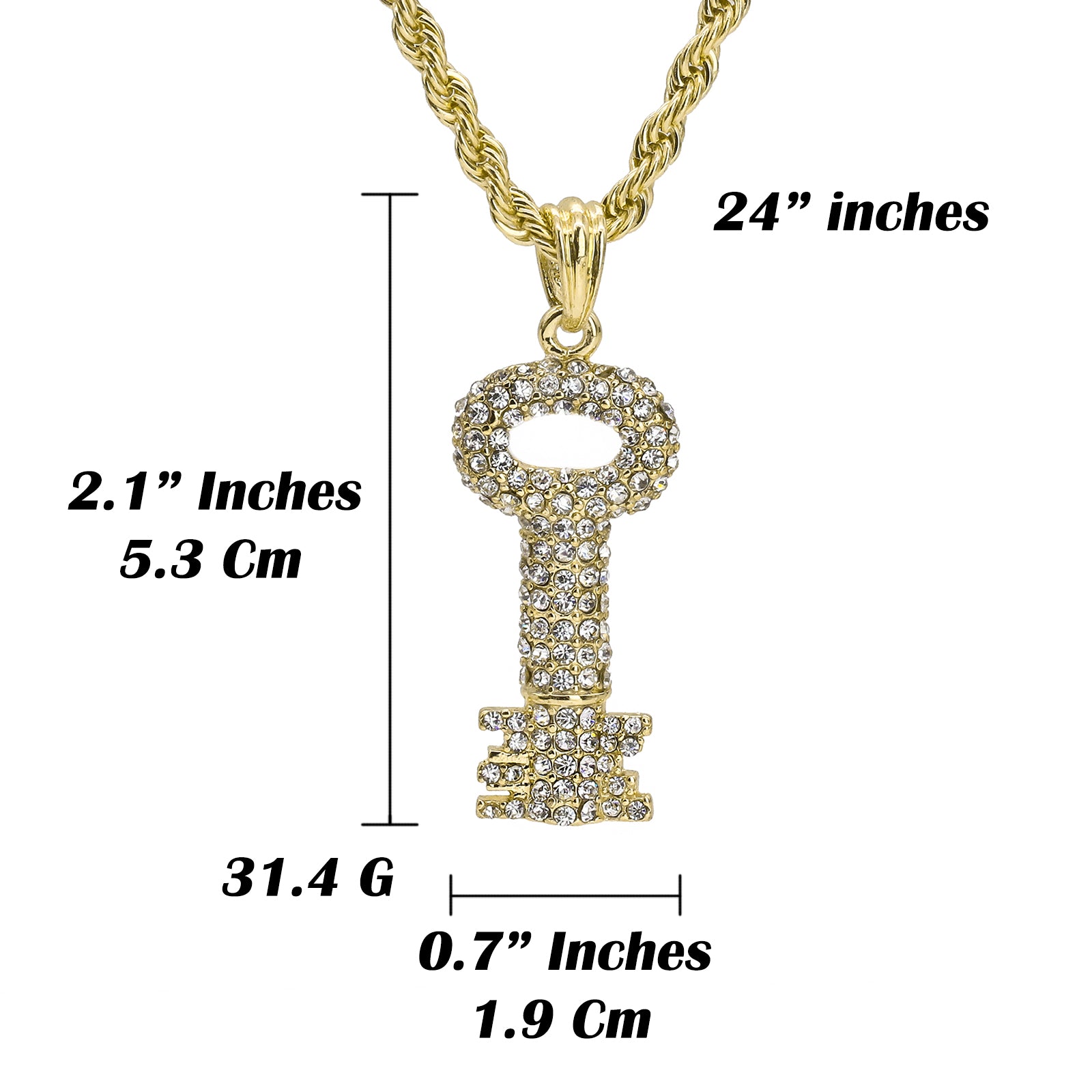 Cz Skeleton Key Pendant 24" Rope Chain Hip Hop Style 18k Gold Plated