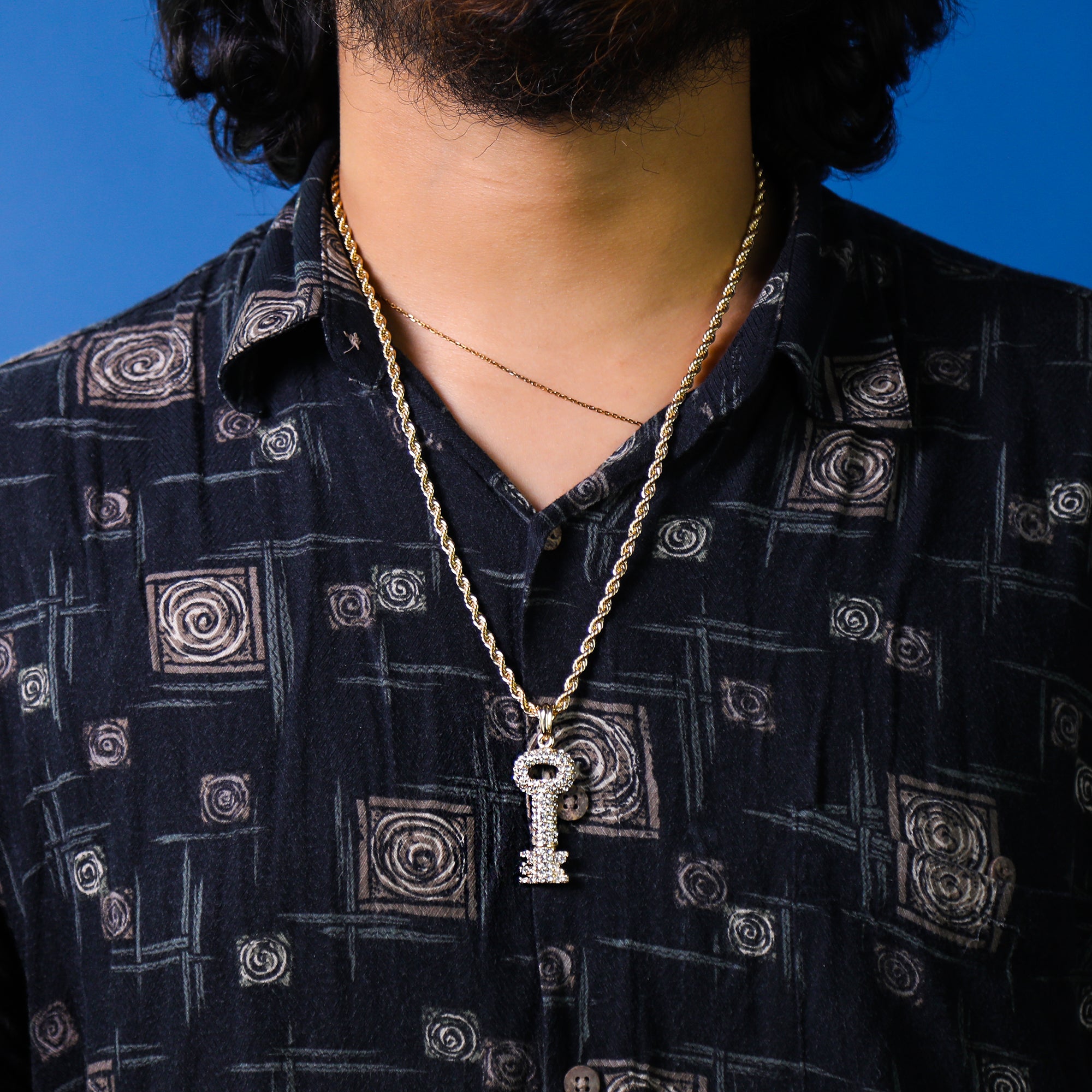 Cz Skeleton Key Pendant 24" Rope Chain Hip Hop Style 18k Gold Plated