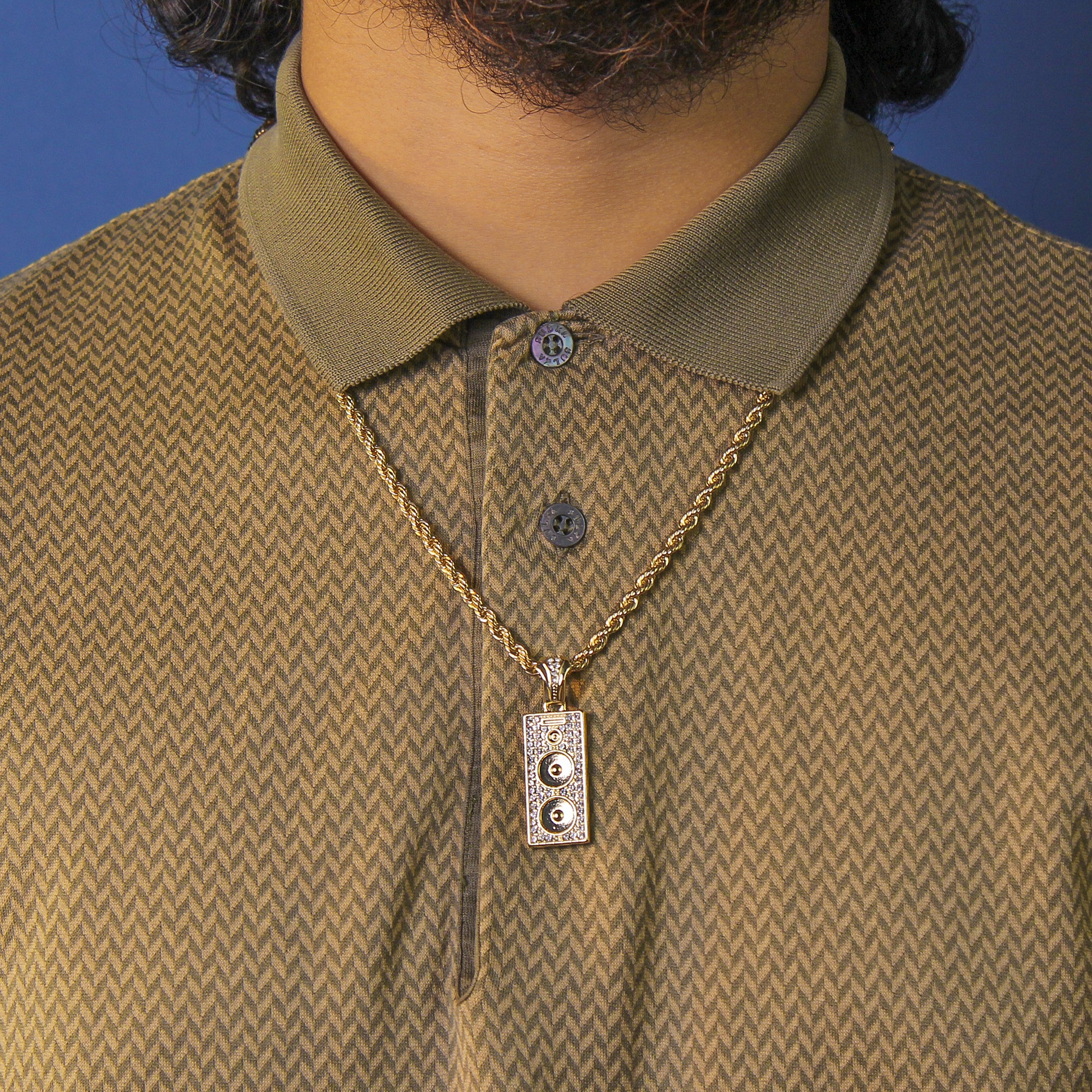Cz Speaker Pendant 4mm 24" Rope Chain 18k Gold Plated