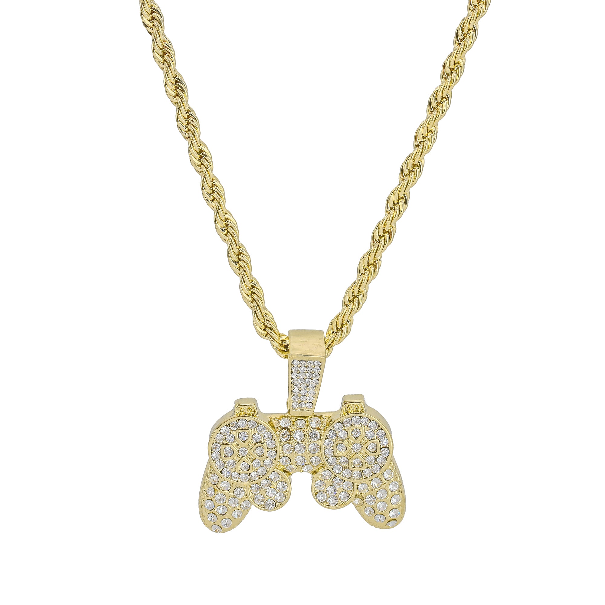 Cz Ps4 Controller Pendant 4mm 24" Rope Chain 18k Gold Plated