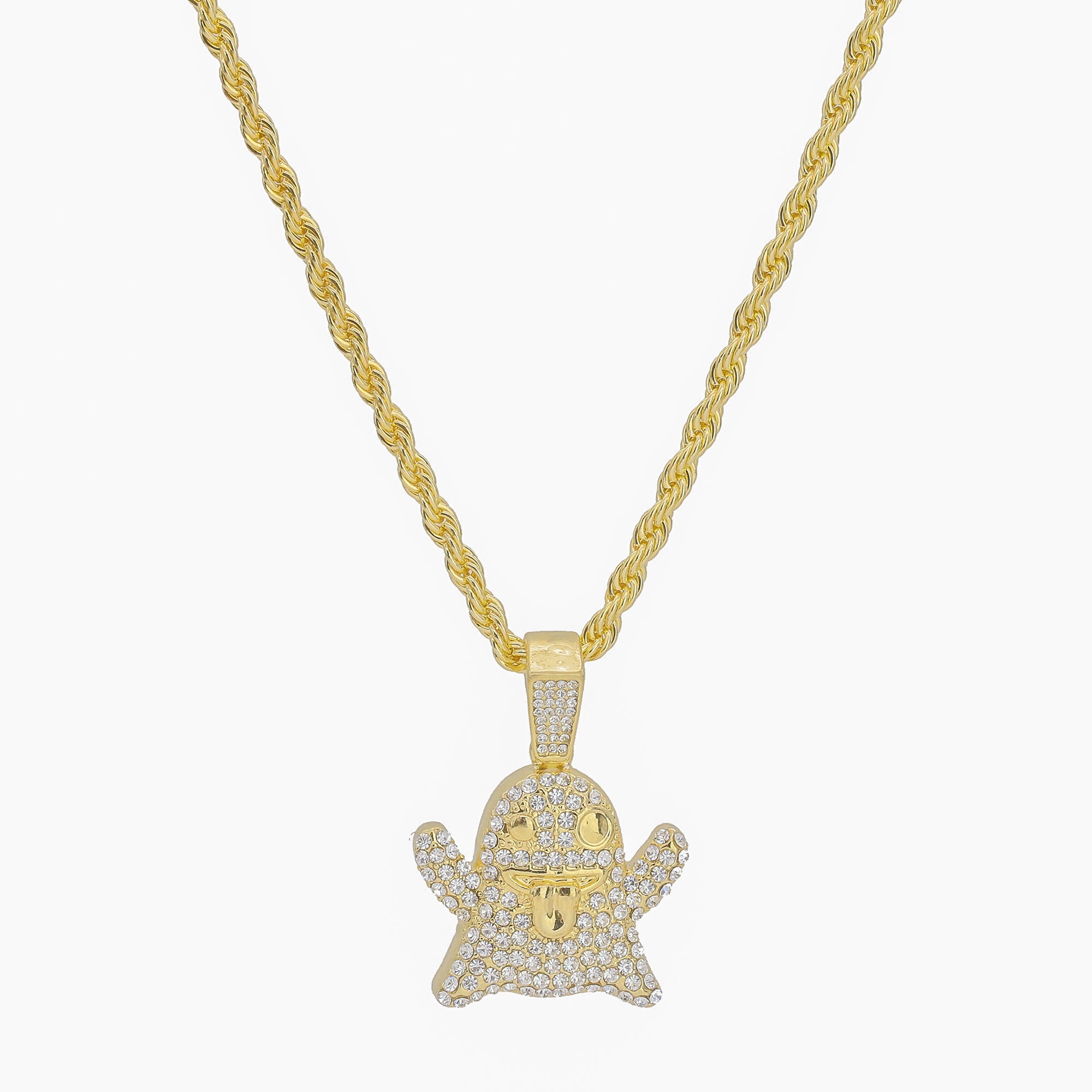 Emoji Ghost Pendant 4mm 24" Rope Chain 18k Gold Plated
