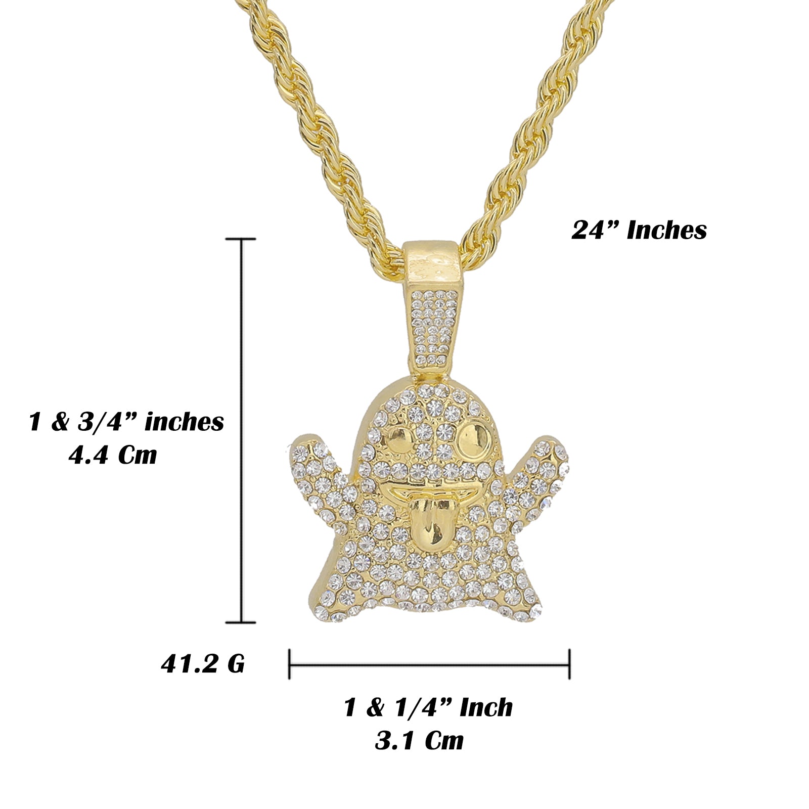 Emoji Ghost Pendant 4mm 24" Rope Chain 18k Gold Plated