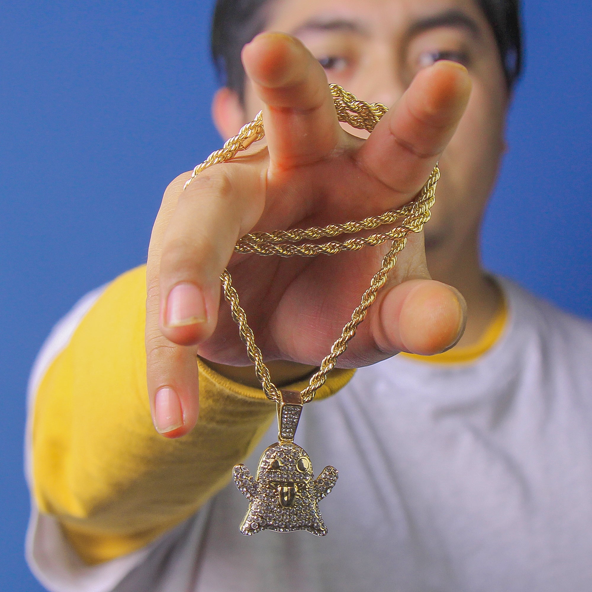 Emoji Ghost Pendant 4mm 24" Rope Chain 18k Gold Plated