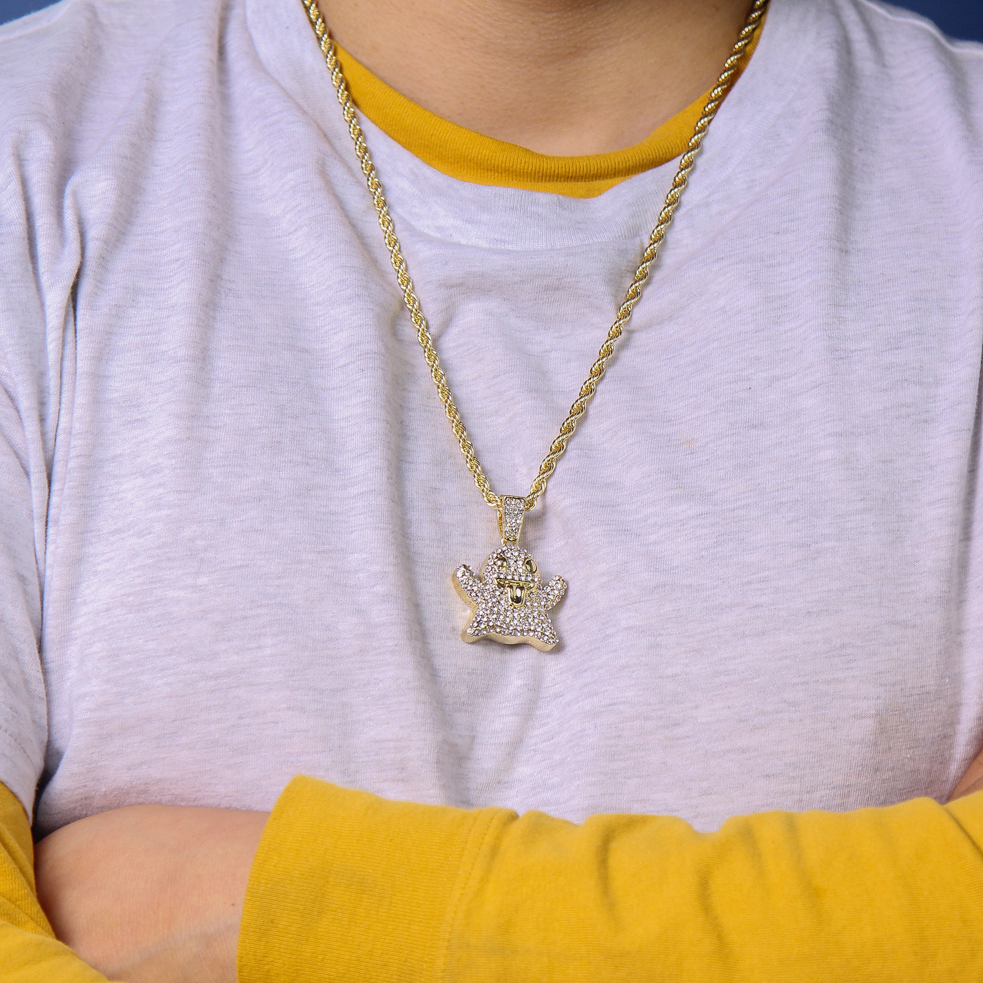 Emoji Ghost Pendant 4mm 24" Rope Chain 18k Gold Plated