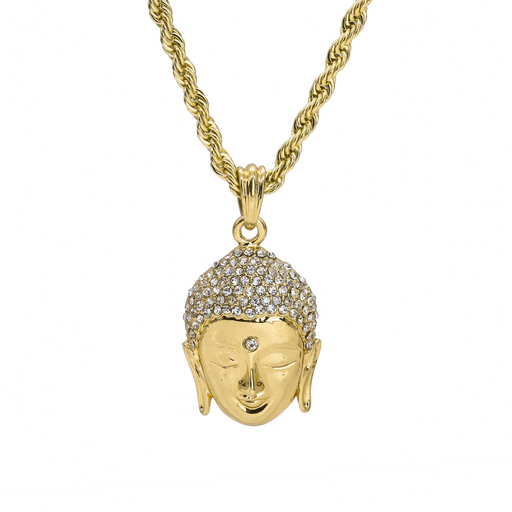 Forehead Stone Cz Buddha Pendant 24" Rope Chain Hip Hop Style 18k Gold Plated