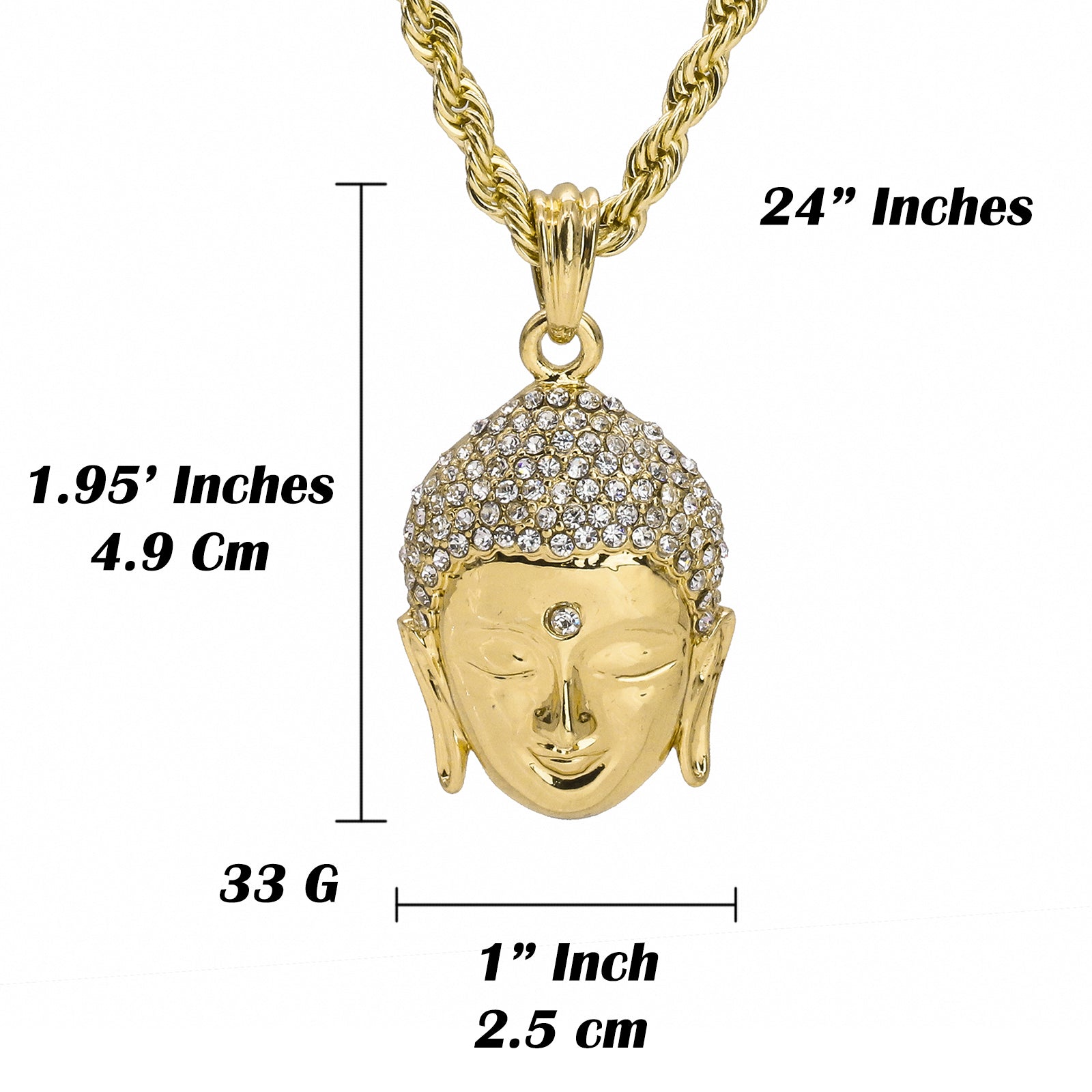 Forehead Stone Cz Buddha Pendant 24" Rope Chain Hip Hop Style 18k Gold Plated