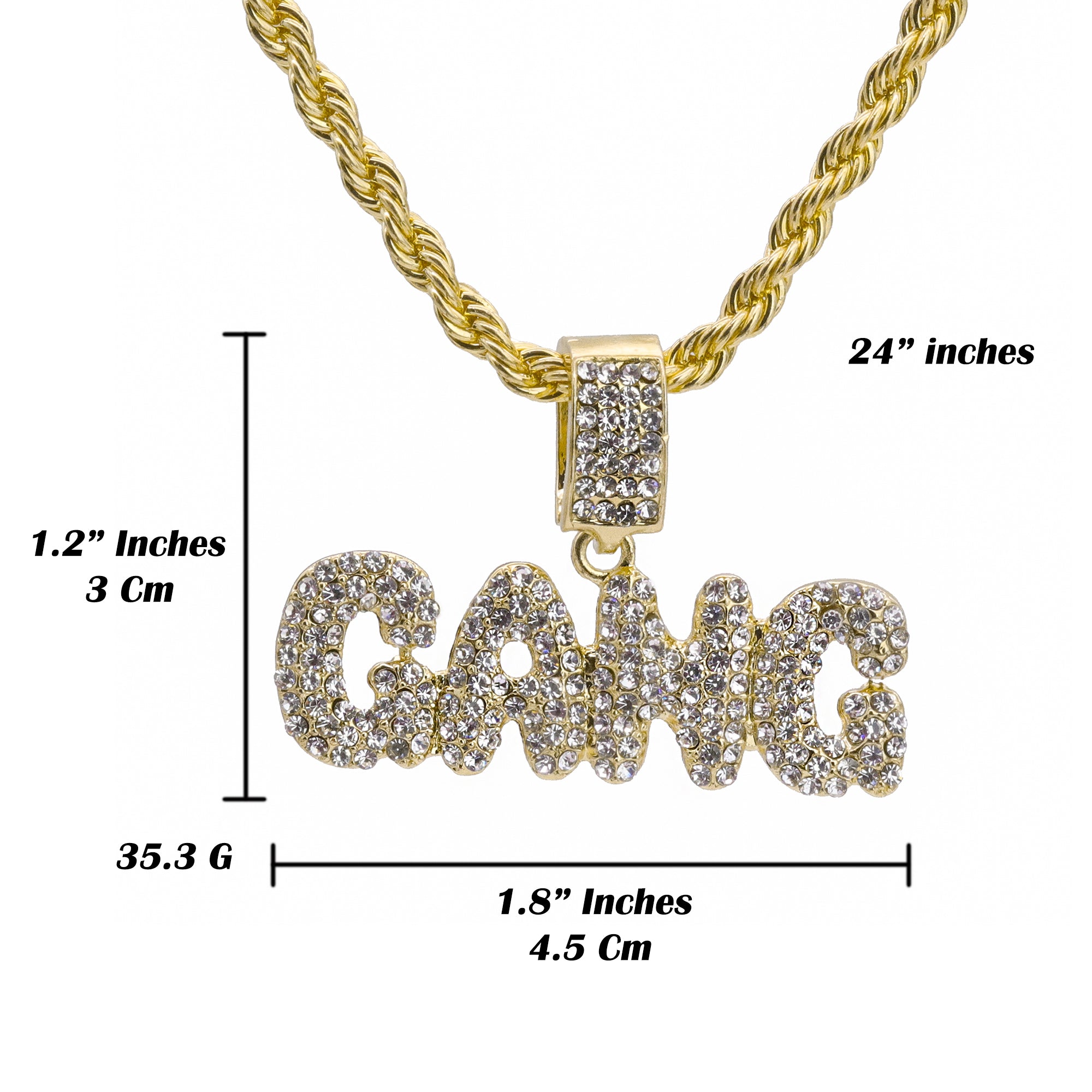Gang Word Pendant 24" Rope Chain Hip Hop Style 18k Gold Plated