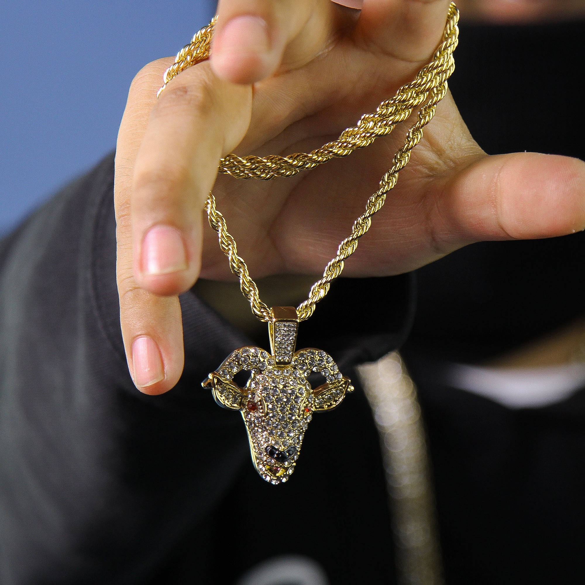 Red Eye Goat Face Pendant Rope Chain Men's Hip Hop 18k Cz Jewelry
