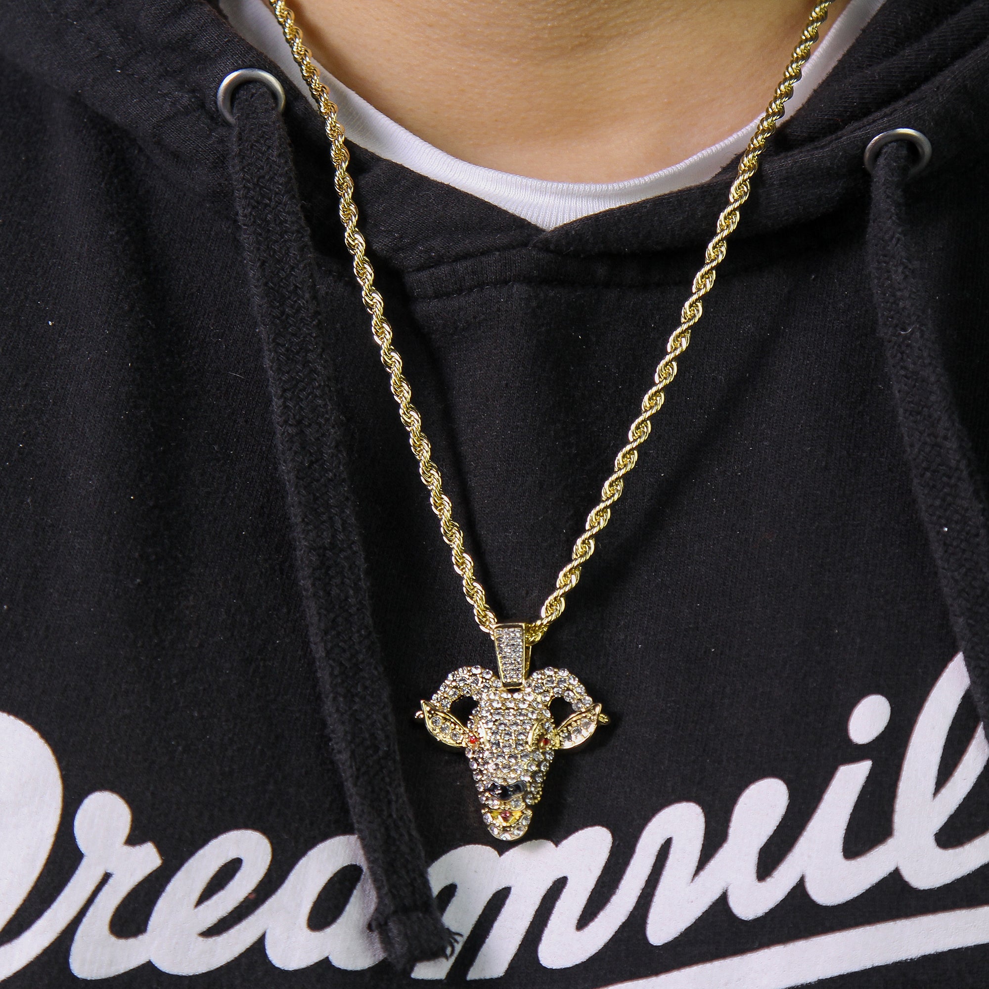 Red Eye Goat Face Pendant Rope Chain Men's Hip Hop 18k Cz Jewelry
