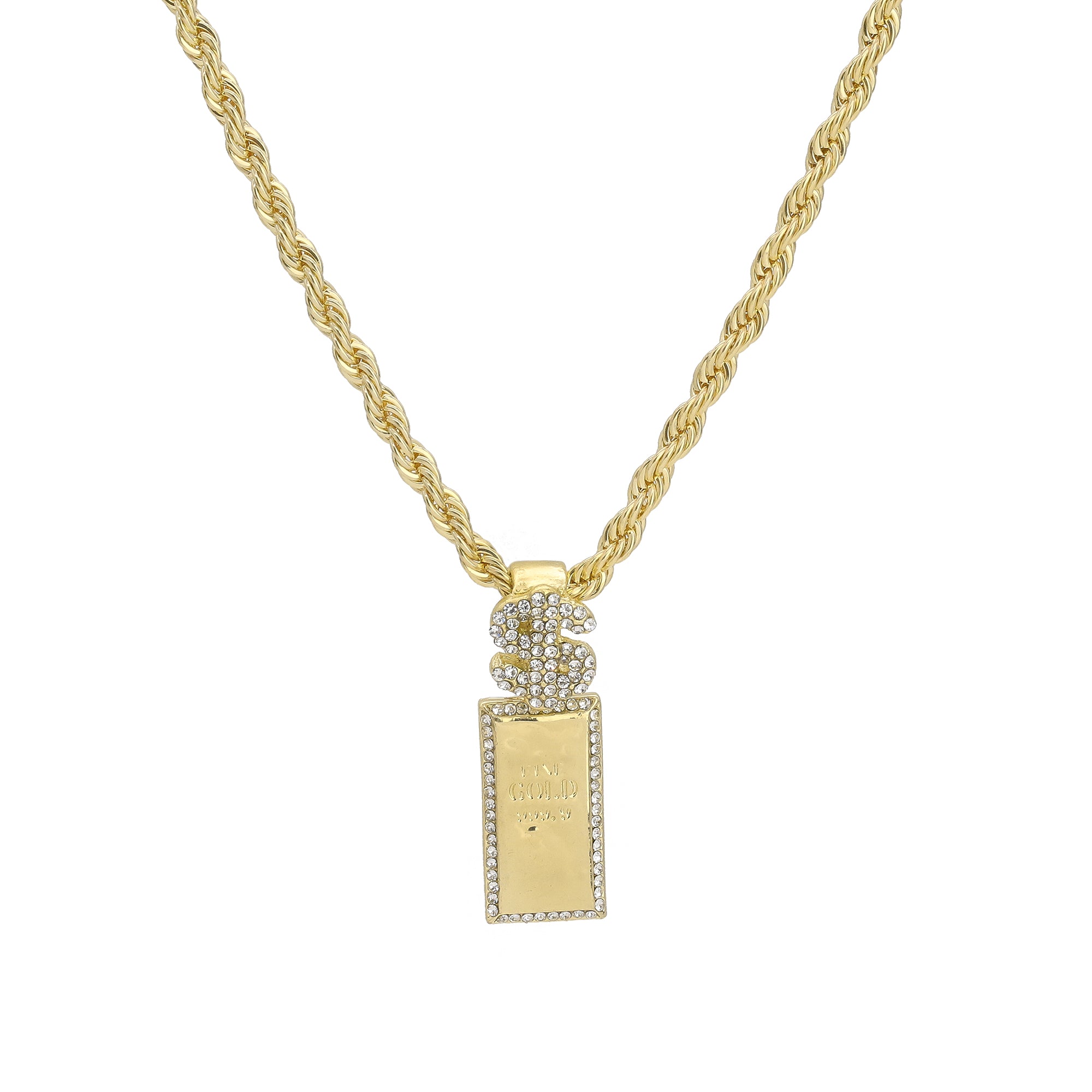 Gold Bar Pendant Rope Chain Men's Hip Hop 18k Cz Jewelry Necklace