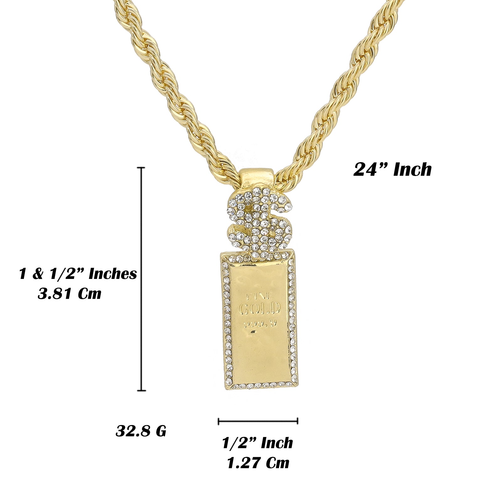 Gold Bar Pendant Rope Chain Men's Hip Hop 18k Cz Jewelry Necklace