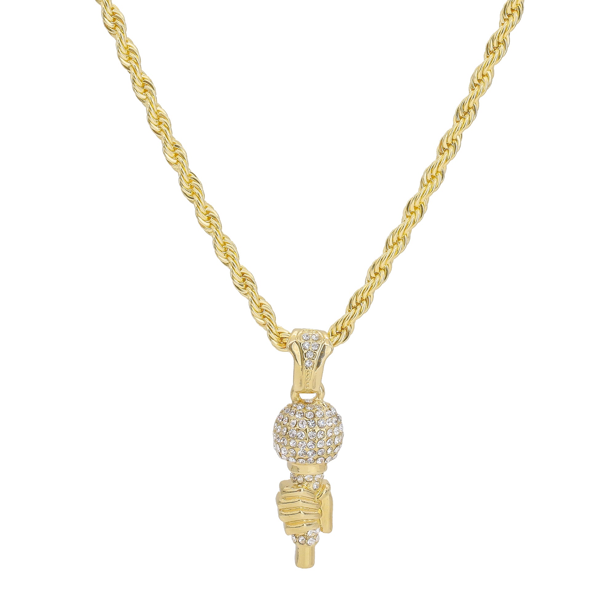 Hand On Microphone Pendant 4mm 24" Rope Chain 18k Gold Plated
