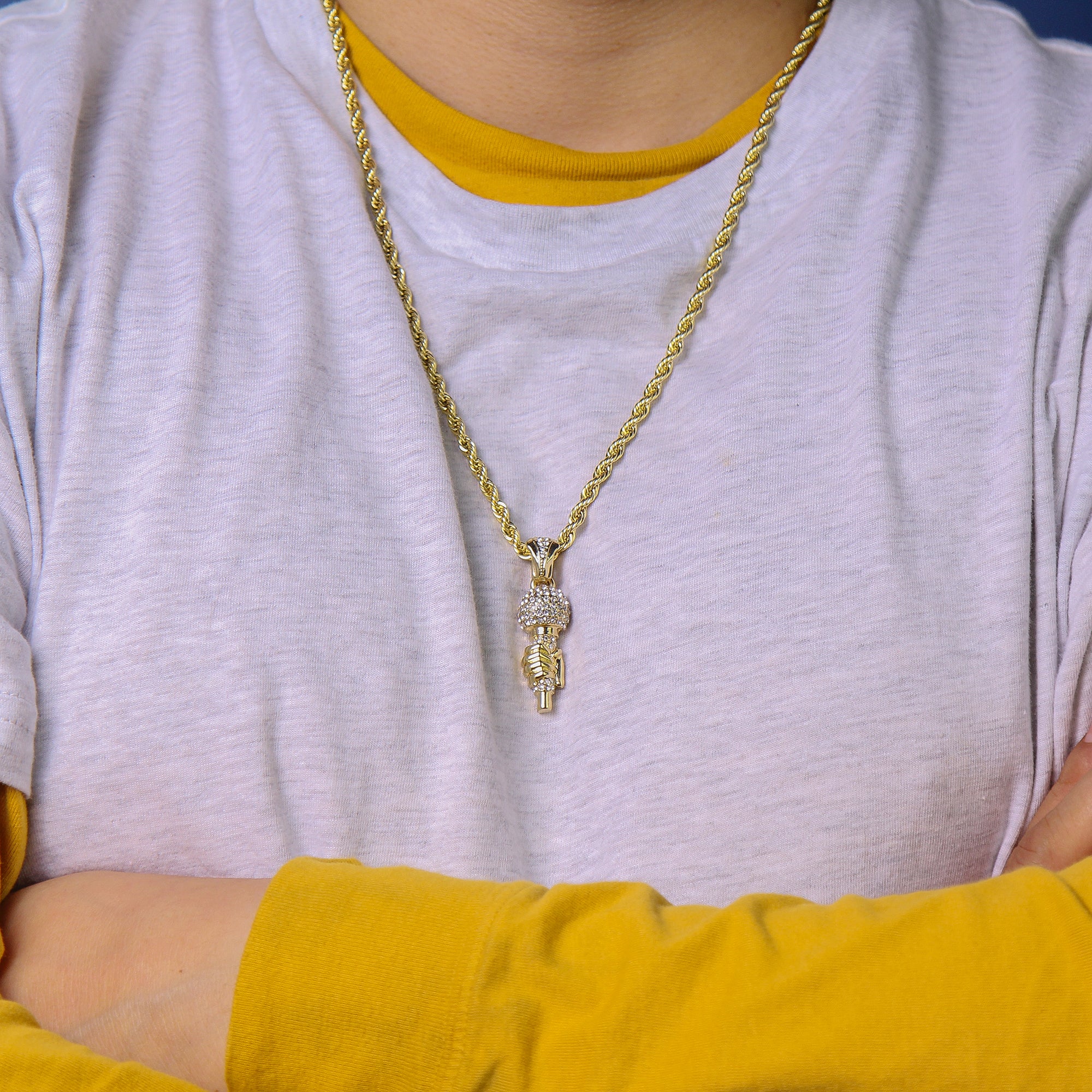 Hand On Microphone Pendant 4mm 24" Rope Chain 18k Gold Plated