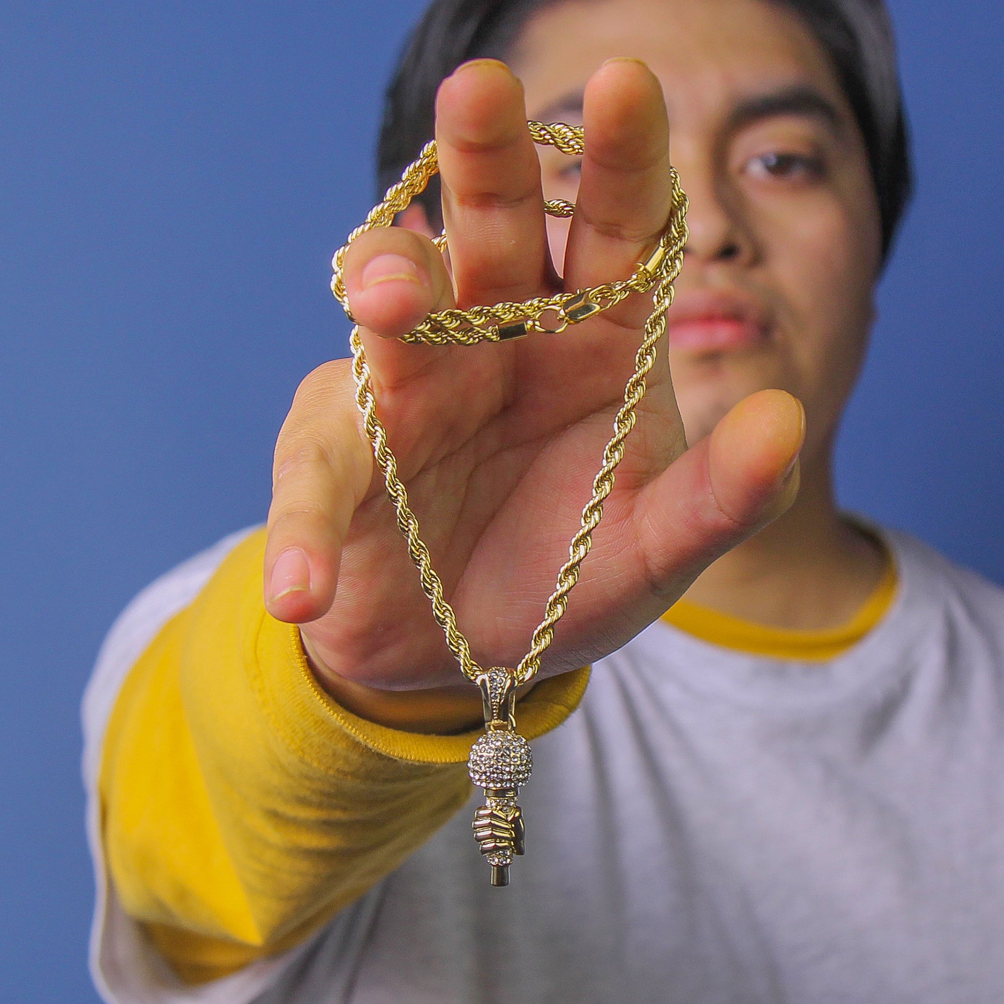 Hand On Microphone Pendant 4mm 24" Rope Chain 18k Gold Plated