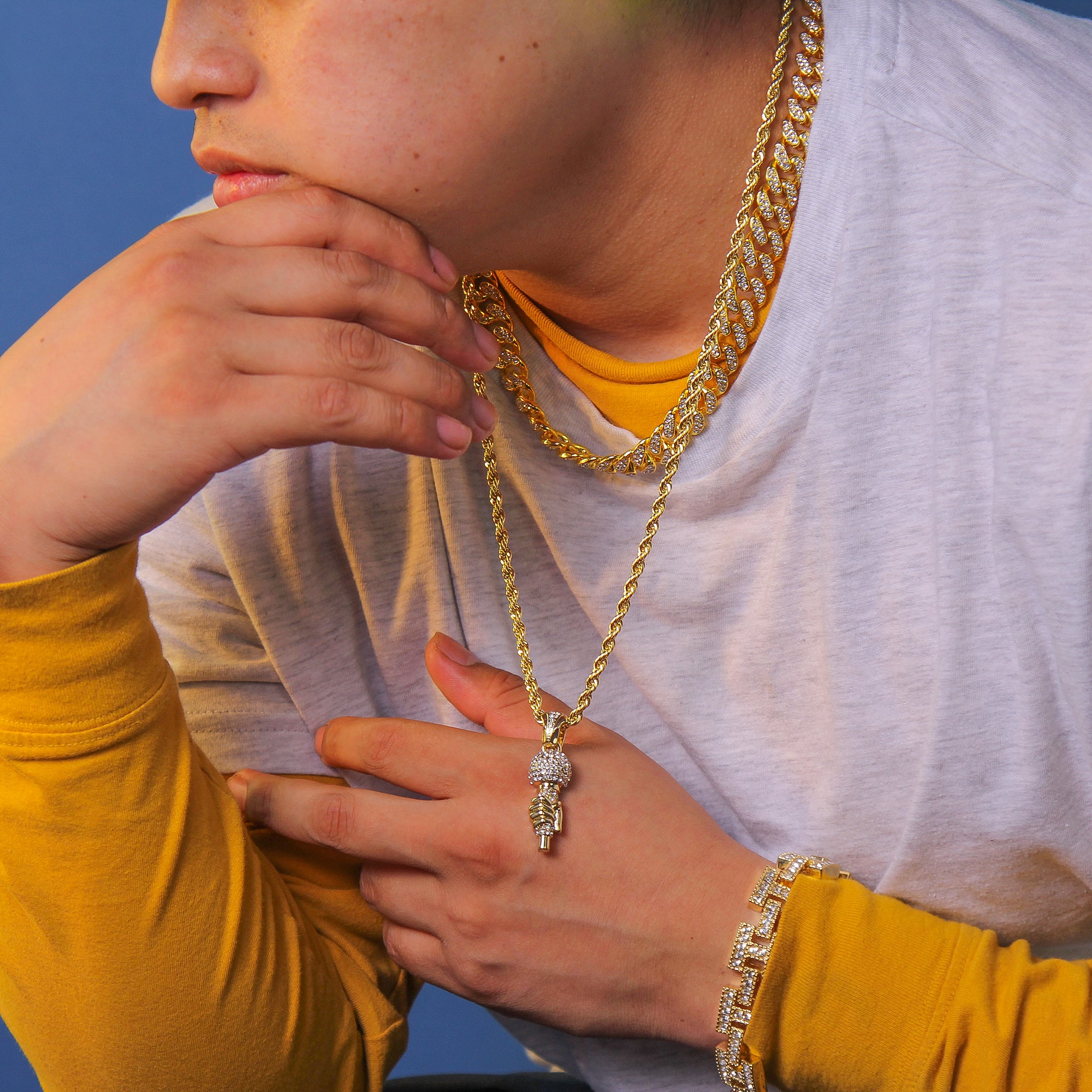 Hand On Microphone Pendant 4mm 24" Rope Chain 18k Gold Plated