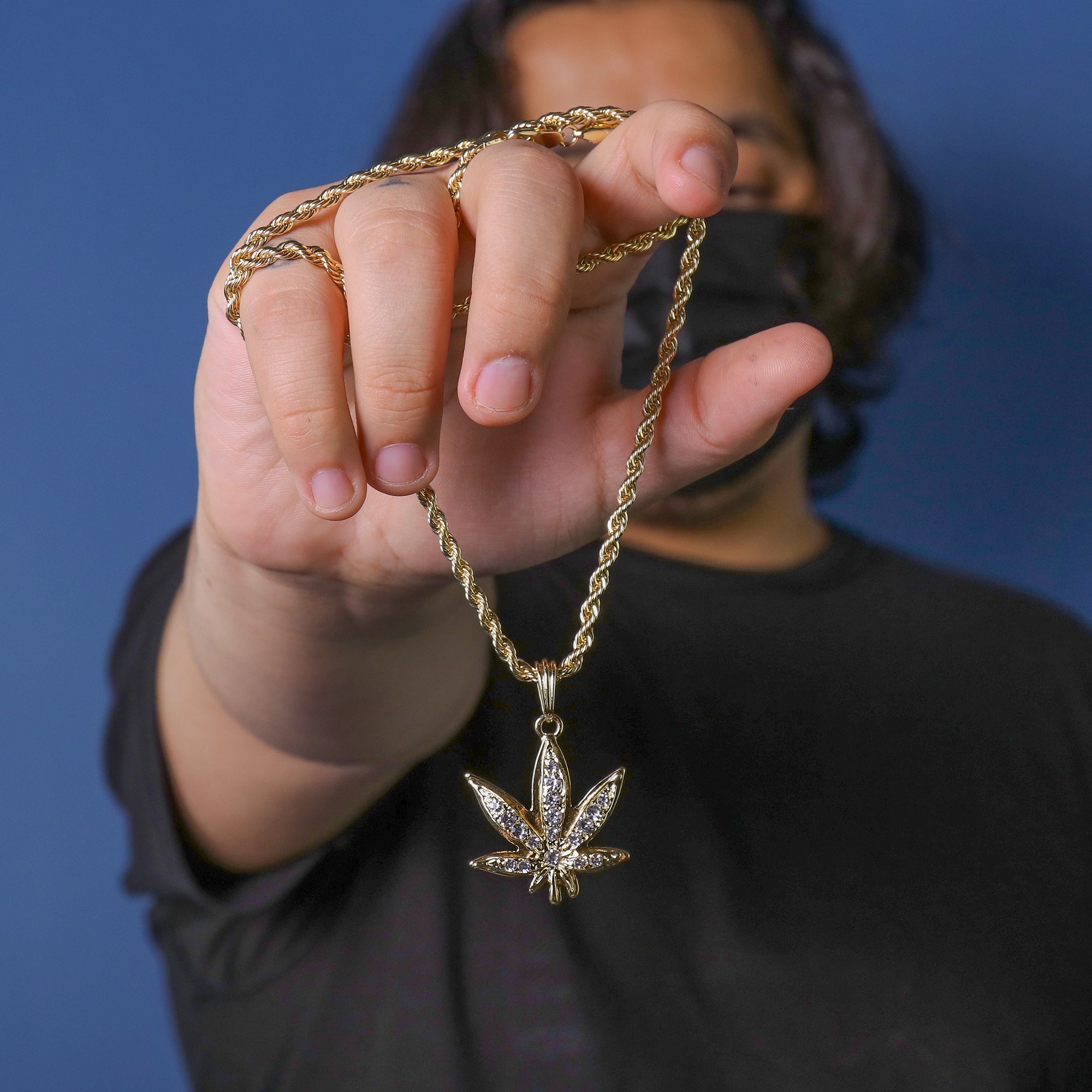Hollow Weed Leaf Pendant 24" Rope Chain Men's 18k Gold Plated Jewelry