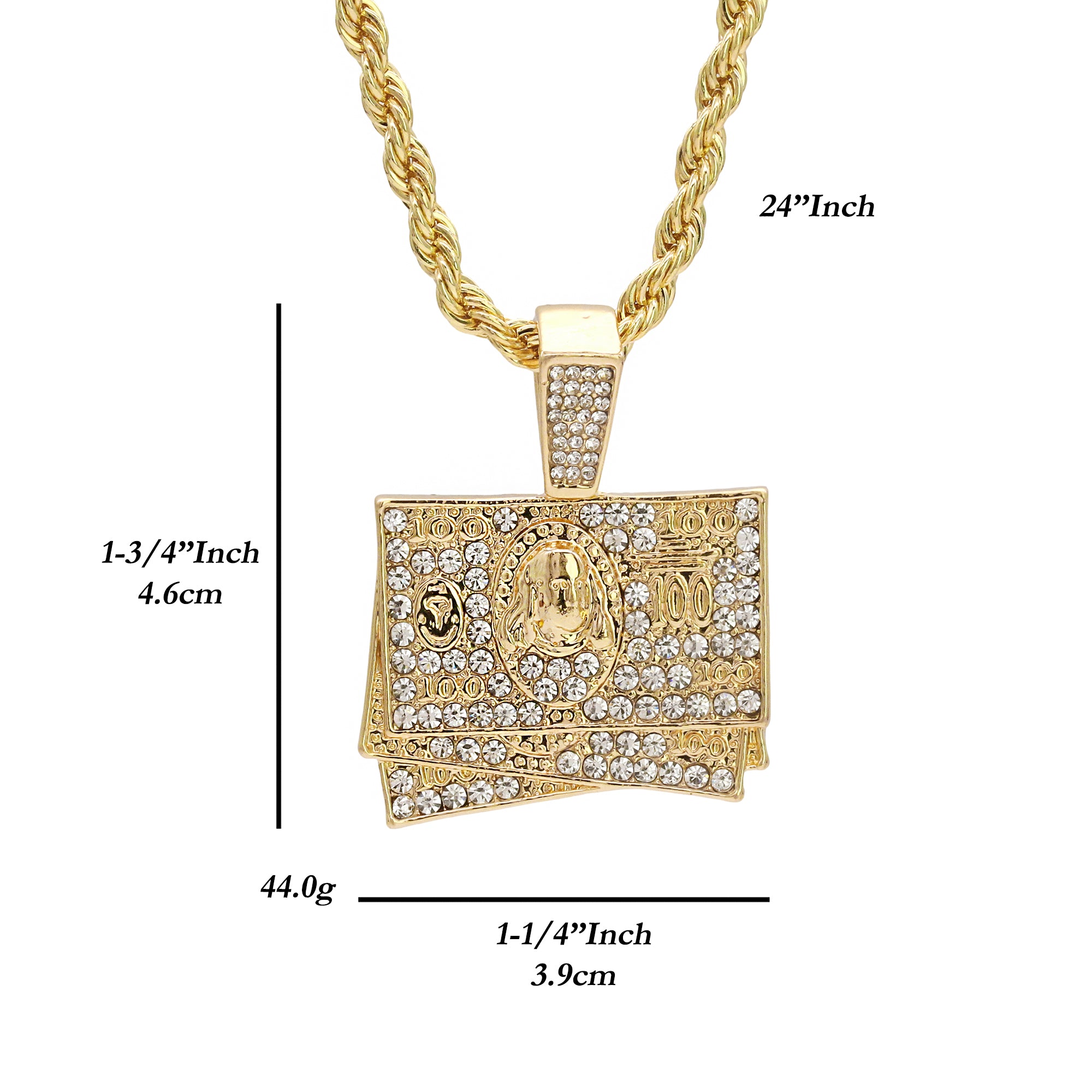 $100 Dollar Stack Pendant 24" Rope Chain Hip Hop 18k Jewelry