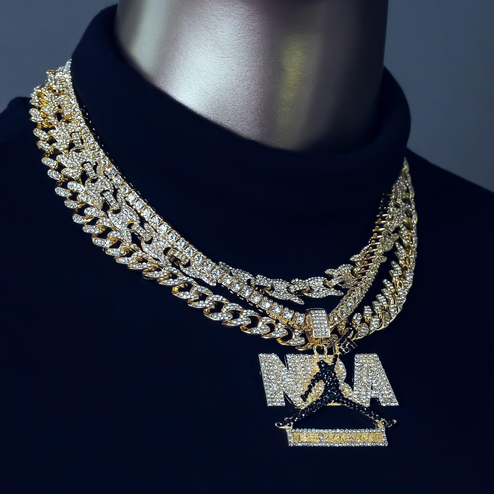 Never Broke Jump Man (BL) Cz 4 Pcs Set Puffy Mariner Chain, Tennis Chain & Miami Cuban Chain Bundle Gold PT