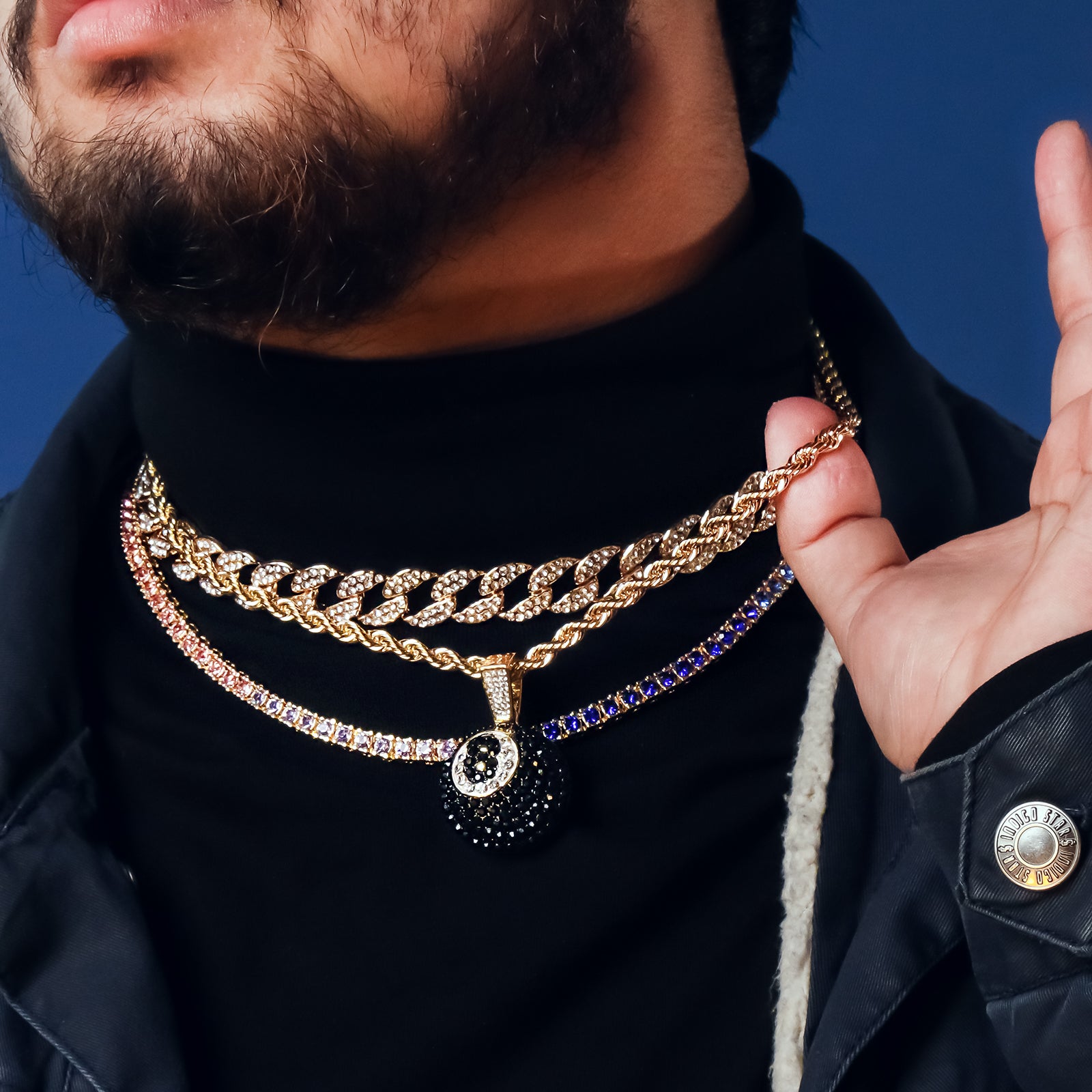 #8 Ball 4 Pcs Set Cuban, Tennis & Rope Chain Bundle Gold PT