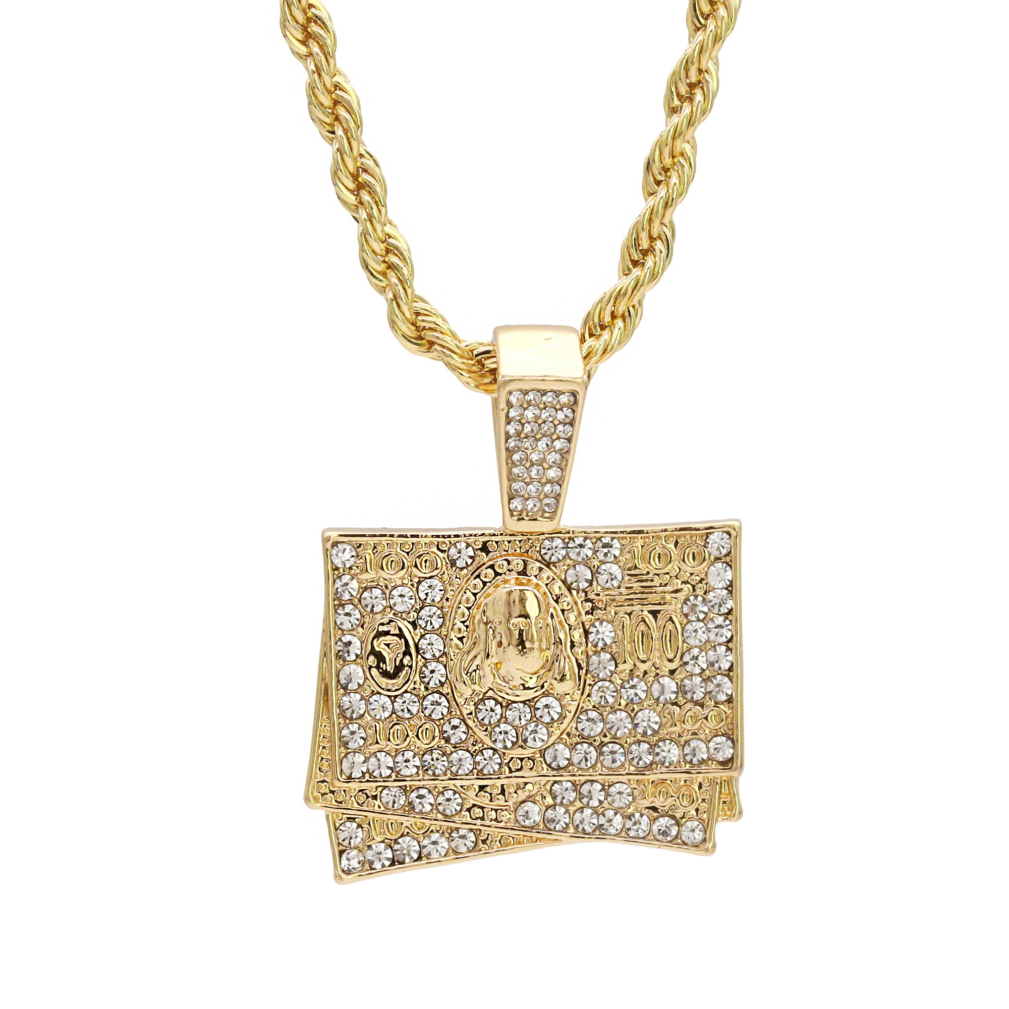 $100 Dollar Stack Pendant 24" Rope Chain Hip Hop 18k Jewelry