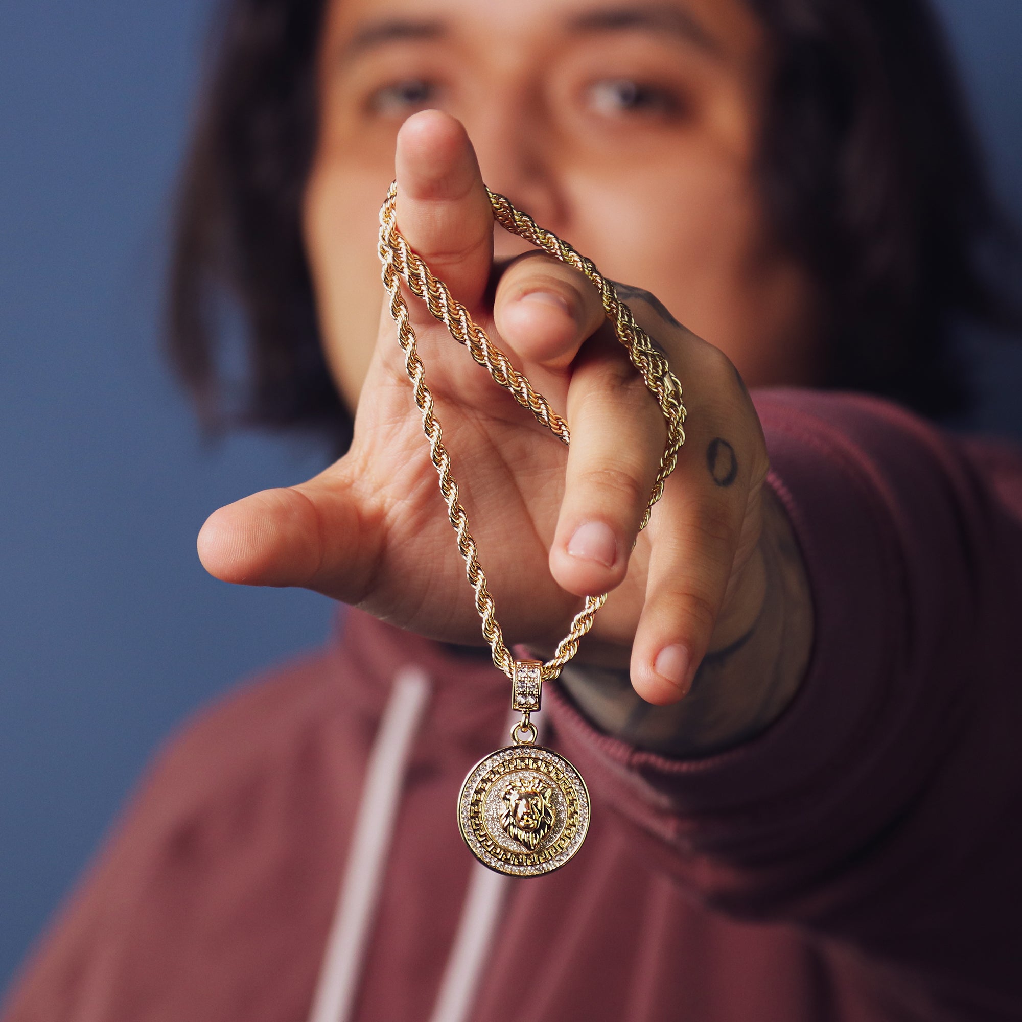 Lion Stardust Coin Pendant 24" Rope Chain Men's Hip Hop 18k Jewelry