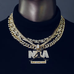 Never Broke Jump Man (BL) Cz 4 Pcs Set Puffy Mariner Chain, Tennis Chain & Miami Cuban Chain Bundle Gold PT