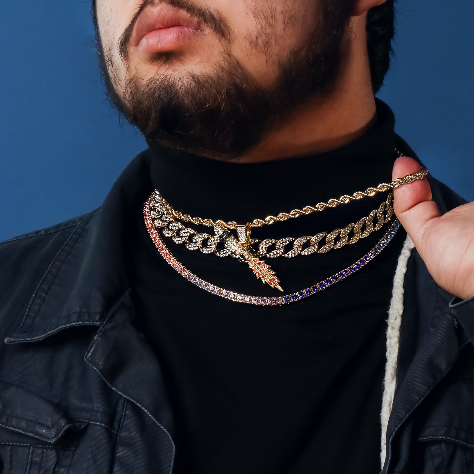 Rocket 4 Pcs Set Cuban, Tennis & Rope Chain Bundle Gold PT