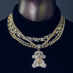 Monkey Cz 4 Pcs Set Puffy Mariner Chain, Tennis Chain & Miami Cuban Chain Bundle Gold PT