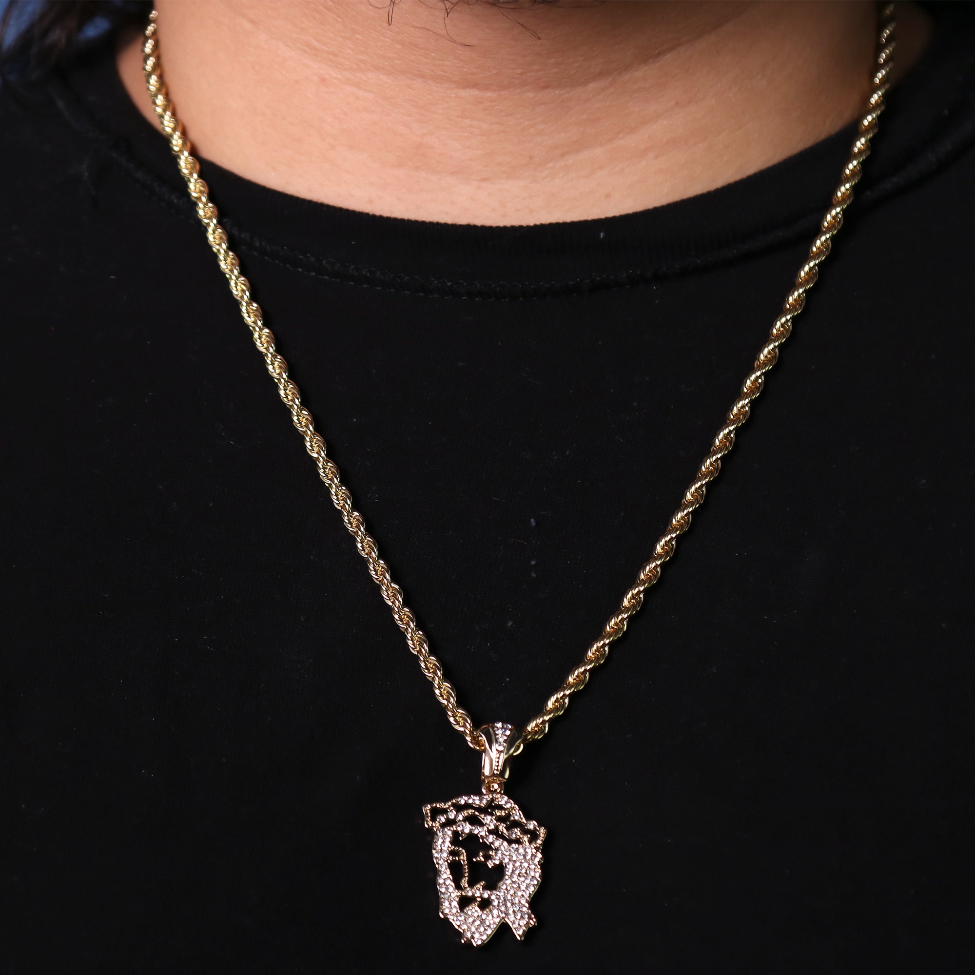 Hollow Jesus Face Pendant 24" Rope Chain Hip Hop 18k Cz Jewelry Necklace
